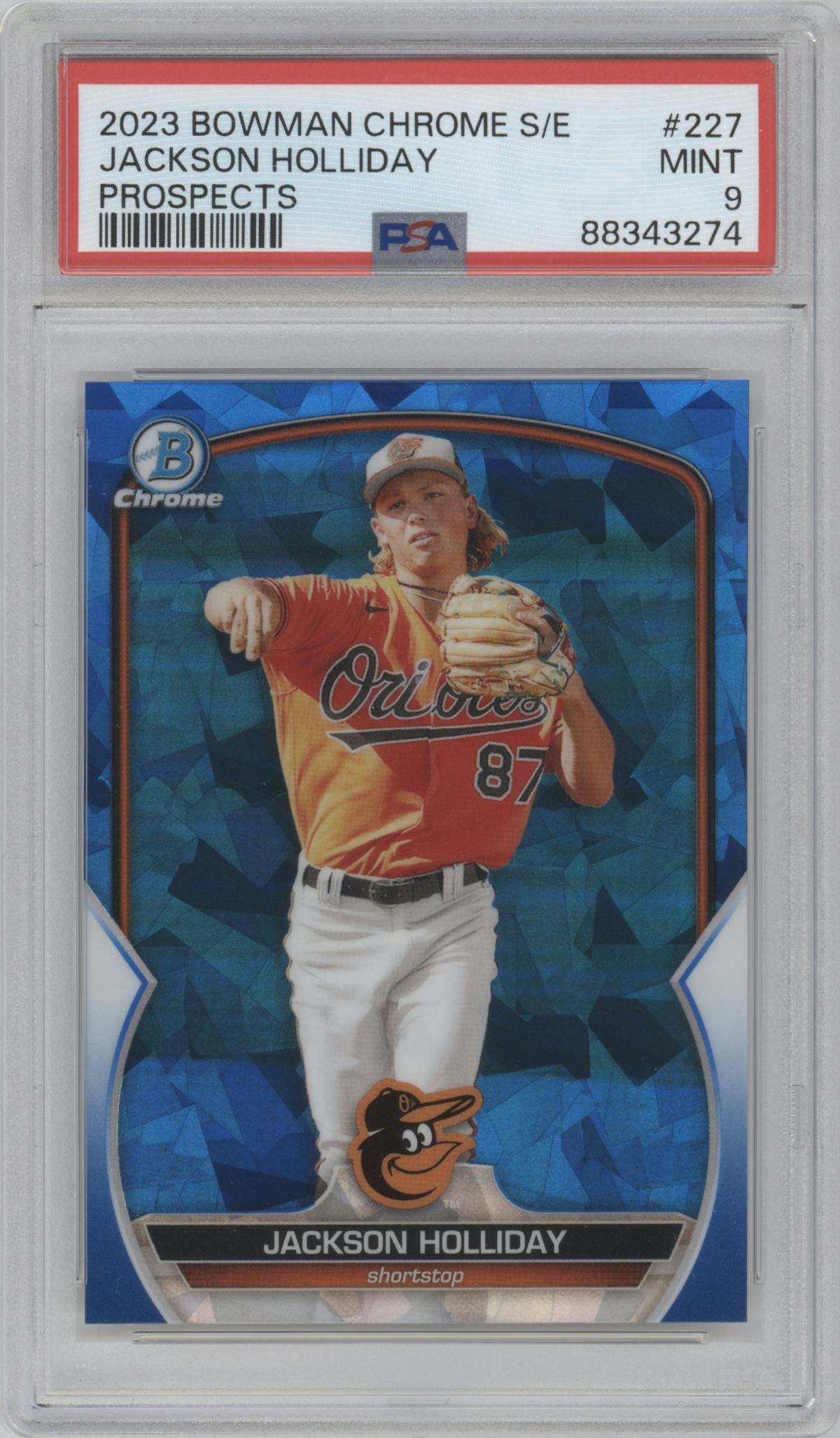 Jackson Holiday from the 2023 Bowman Chrome Sapphire Edition set graded by PSA and given an overall grade of 9.