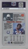 Edgerrin James from the 1999 Bowman's Best set featuring a Refractor parallel graded by PSA and given an overall grade of 8.