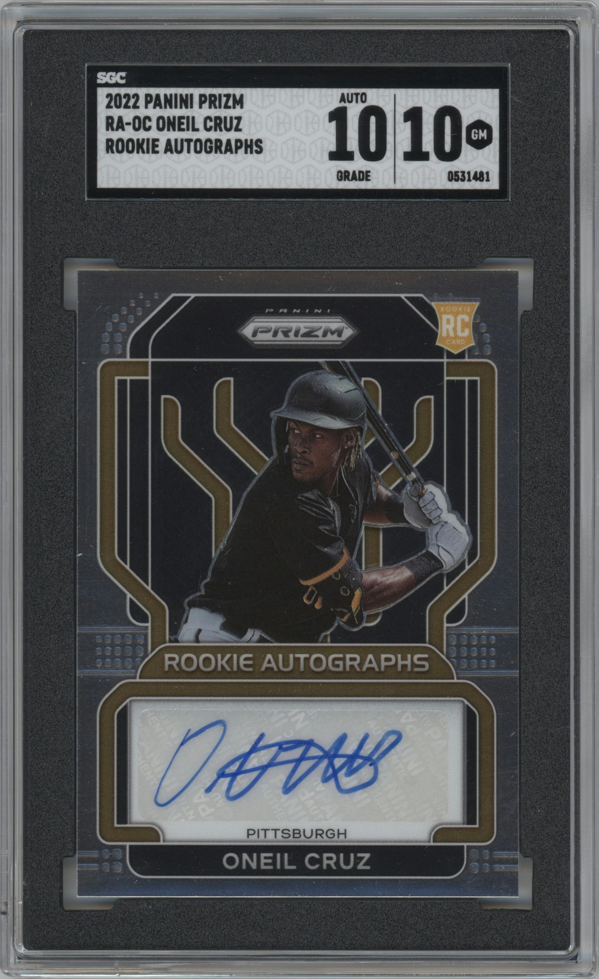 Oneil Cruz from the 2022 Panini Prizm set graded by SGC and given an overall grade of 10.