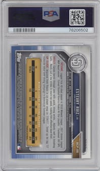 Esteury Ruiz from the 2019 Bowman  set featuring a  Atomic Refractor parallel graded by PSA and given an overall grade of 10.