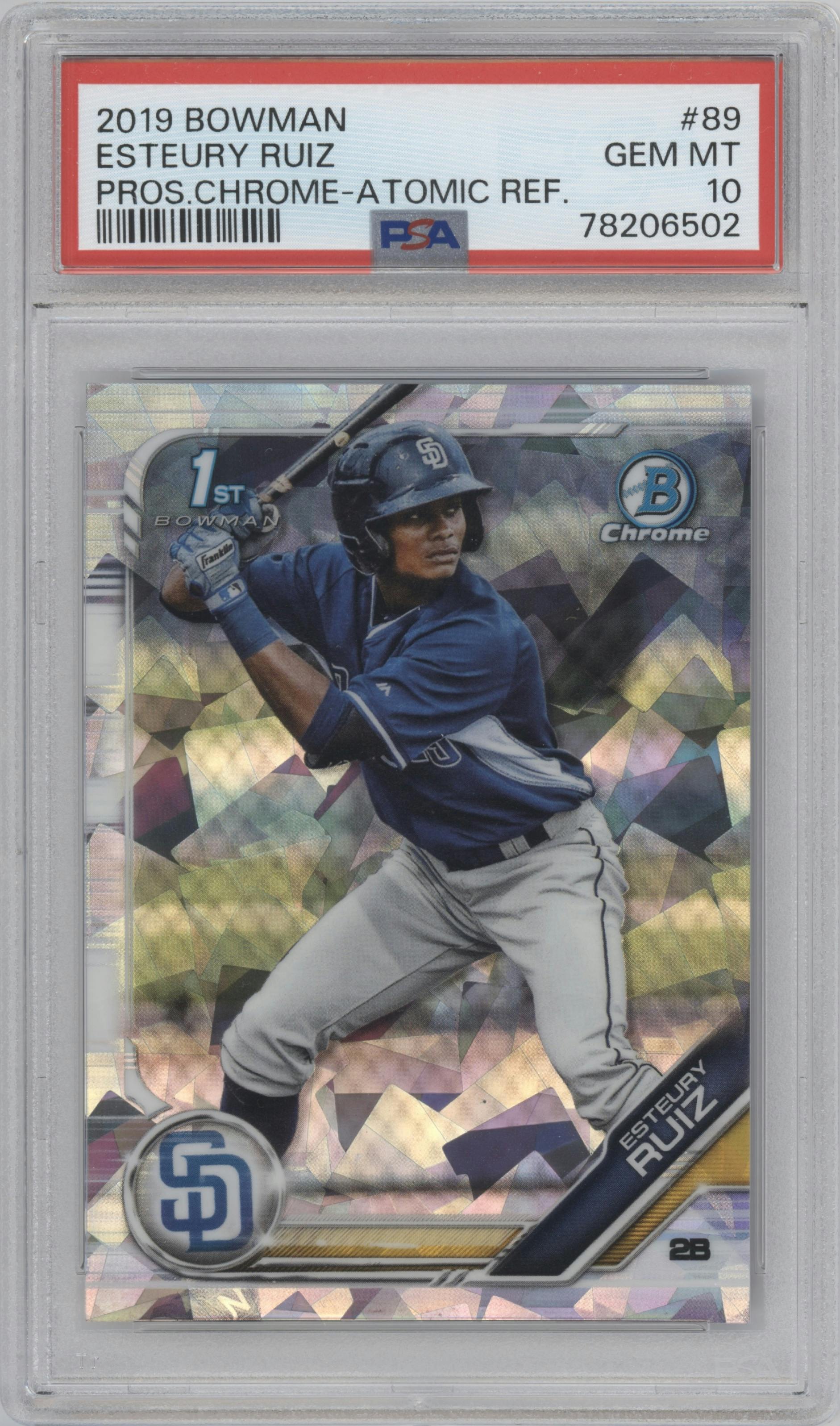 Esteury Ruiz from the 2019 Bowman  set featuring a  Atomic Refractor parallel graded by PSA and given an overall grade of 10.