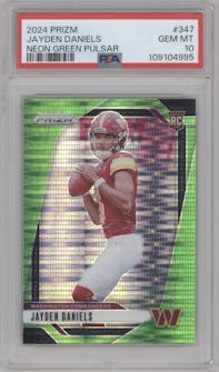 Jayden Daniels from the 2024 Panini Prizm set featuring a Neon Green Pulsar  parallel graded by PSA and given an overall grade of 10.