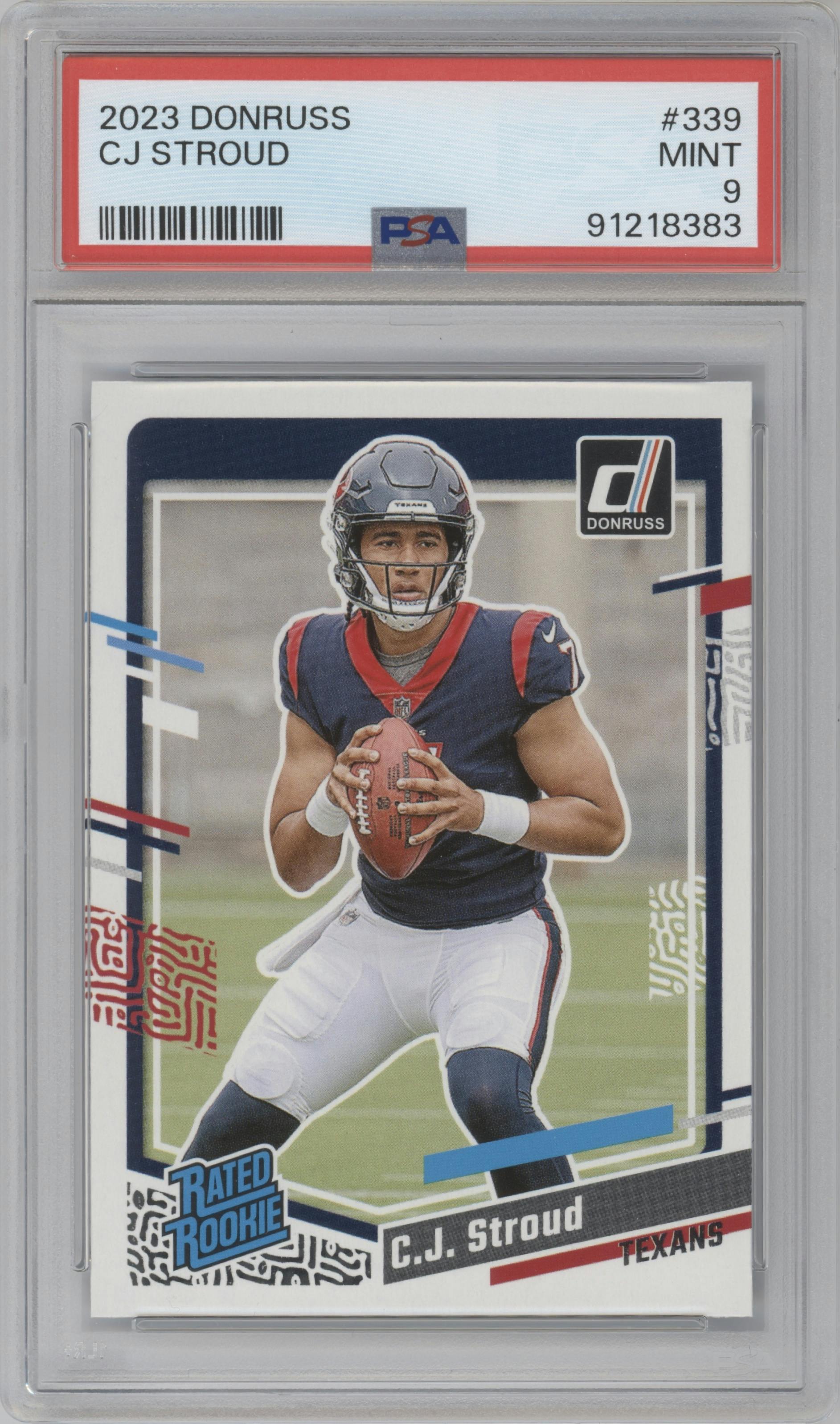 C.J. Stroud from the 2023 Panini Donruss set graded by PSA and given an overall grade of 9.