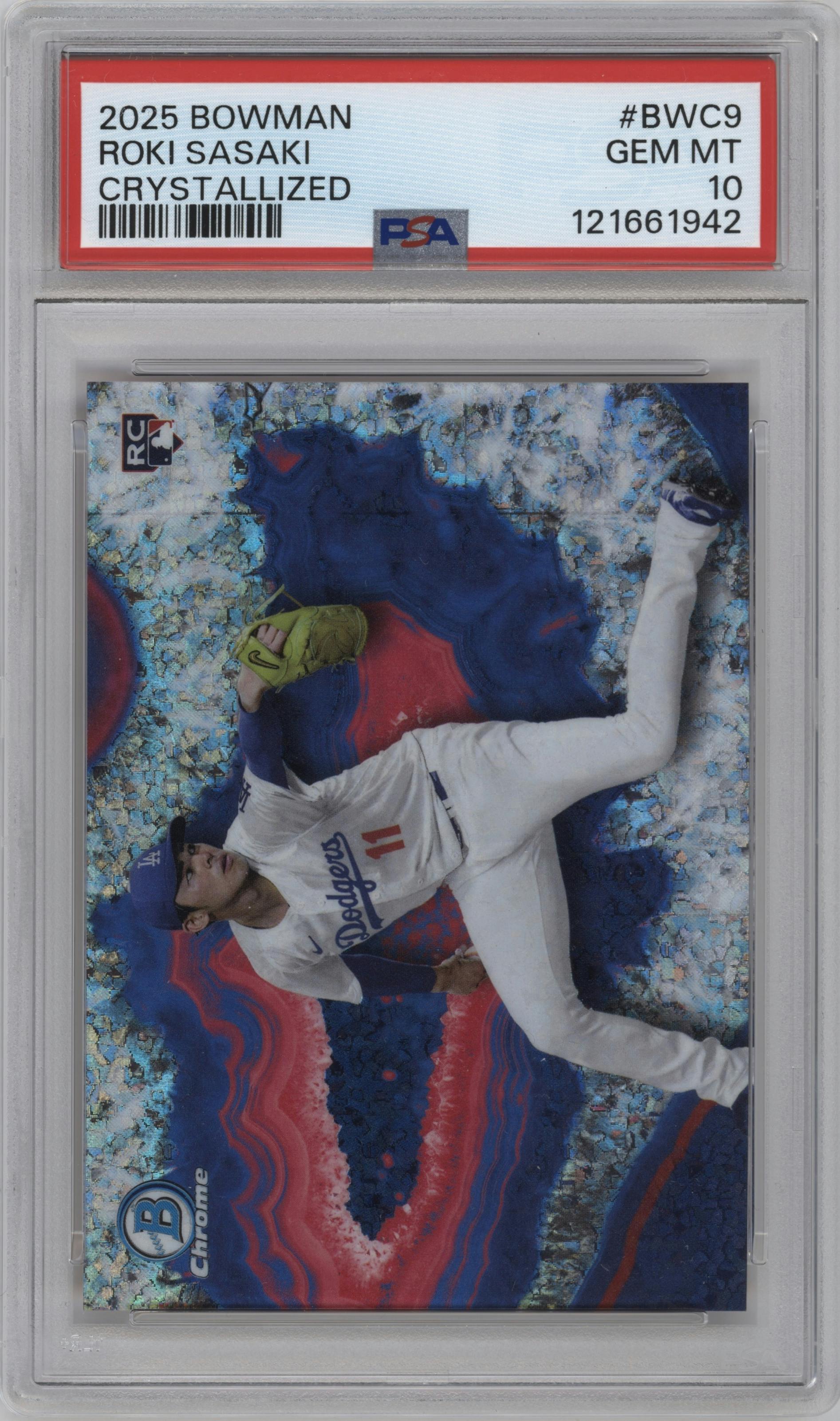 Roki Sasaki from the 2025 Bowman set graded by PSA and given an overall grade of 10.
