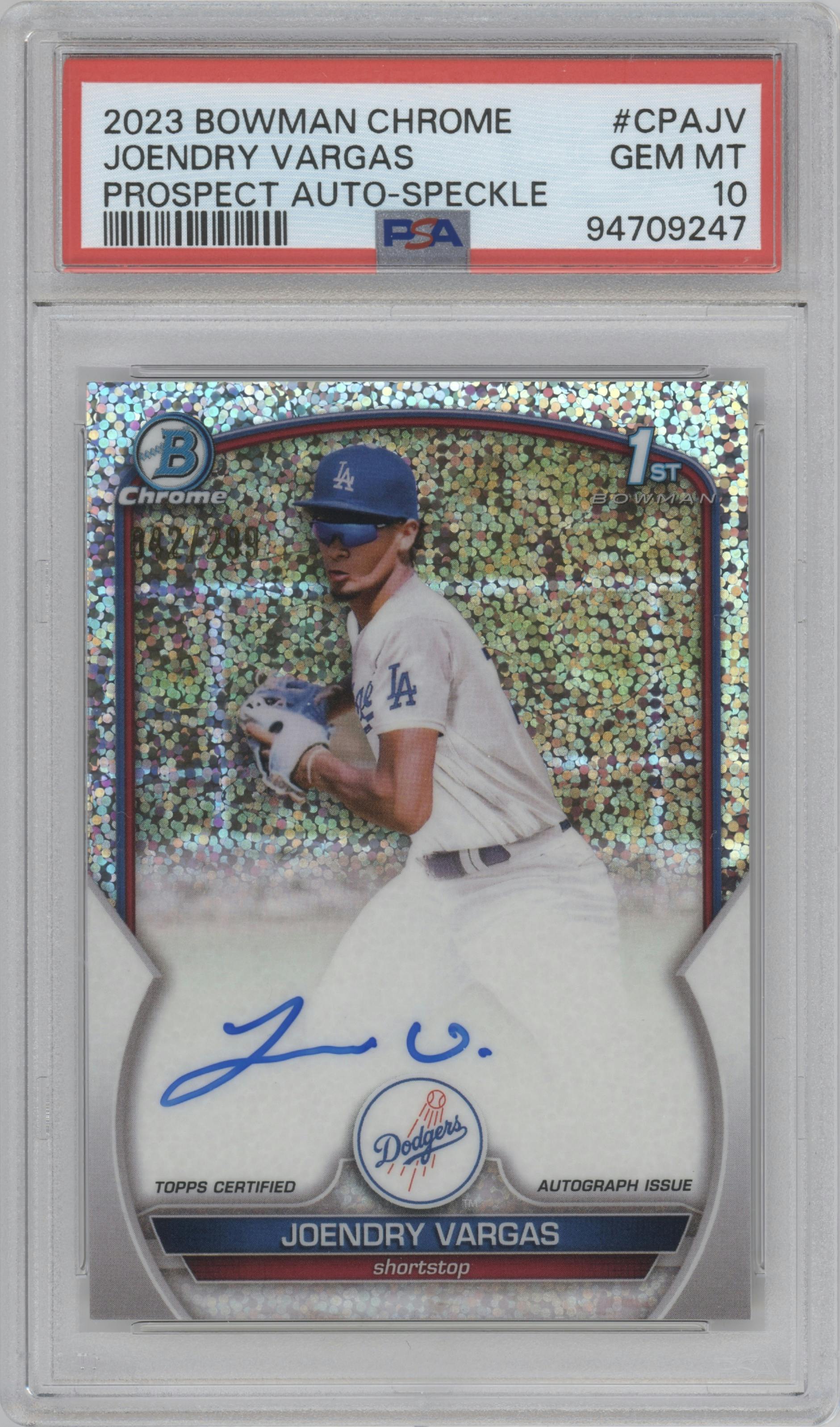 Joendry Vargas from the 2023 Bowman Chrome set featuring a Speckle Refractor parallel graded by PSA and given an overall grade of 10.