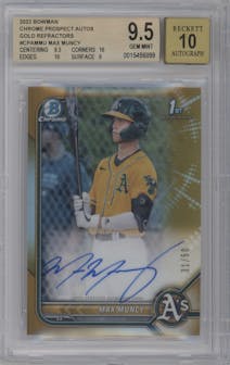 Max Muncy from the 2022 Bowman set featuring a Gold Refractor  parallel graded by Beckett and given an overall grade of 9.5.