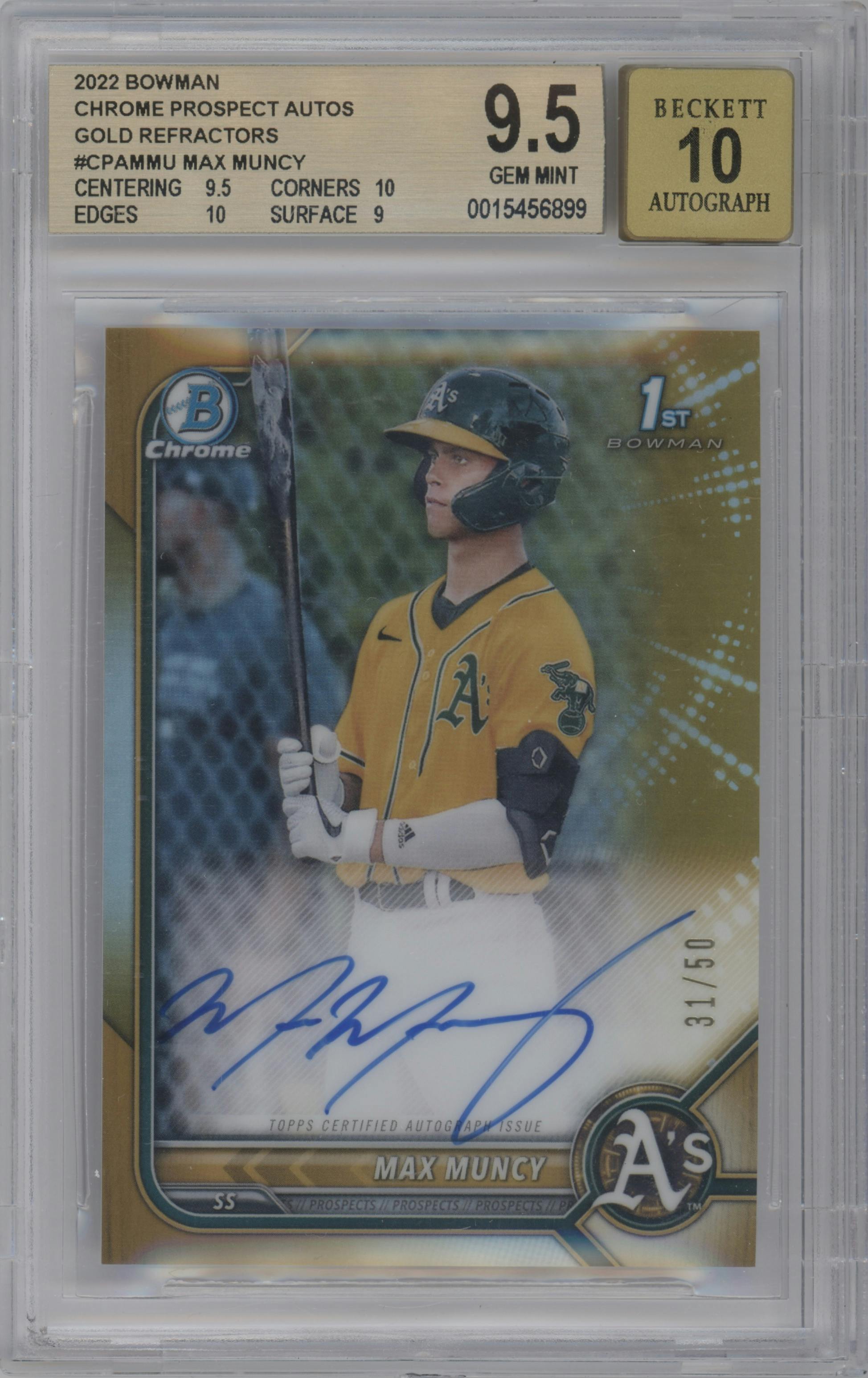 Max Muncy from the 2022 Bowman set featuring a Gold Refractor  parallel graded by Beckett and given an overall grade of 9.5.