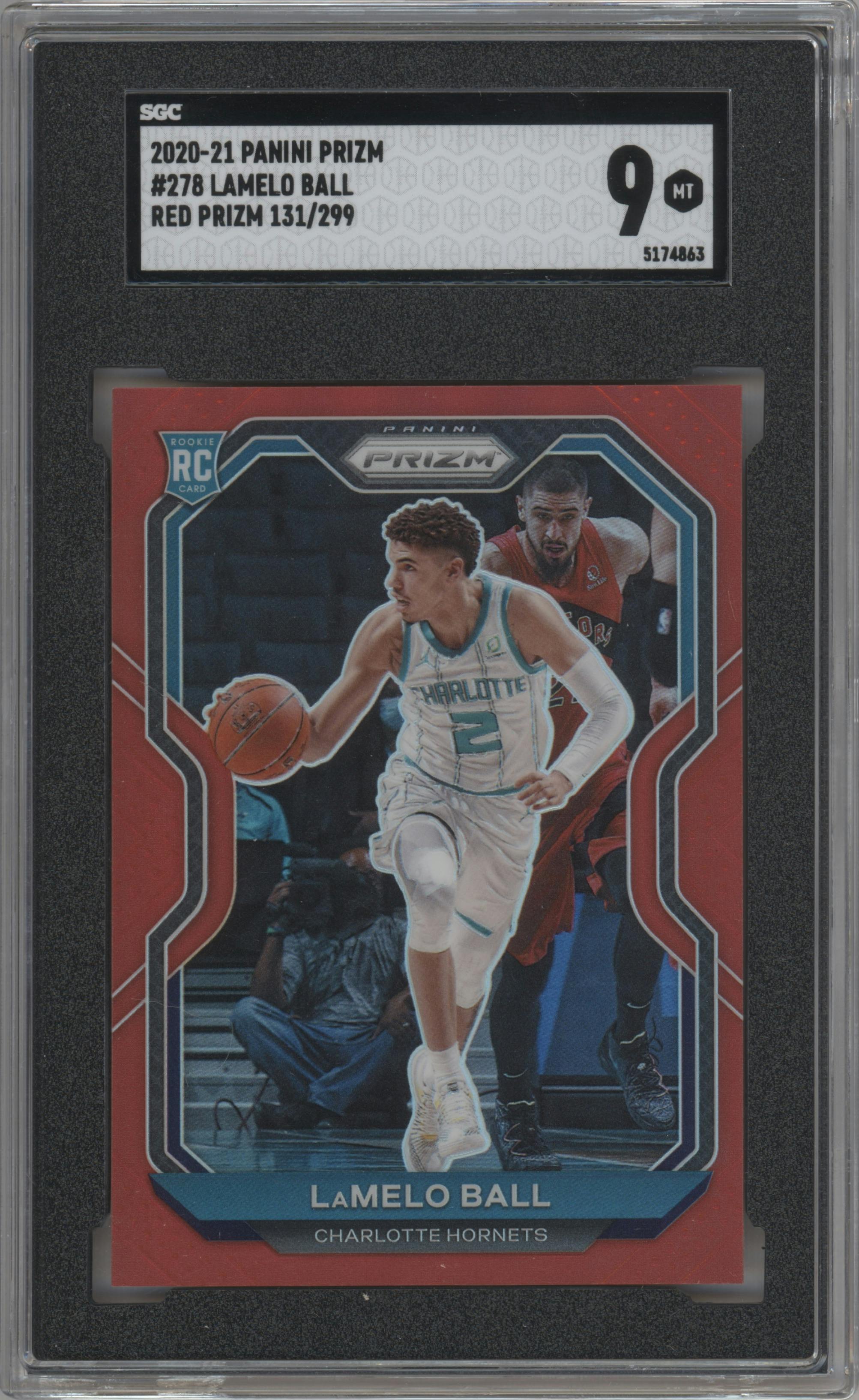LaMelo Ball from the 2020-21 Panini Prizm set featuring a Red Prizm parallel graded by SGC and given an overall grade of 9.