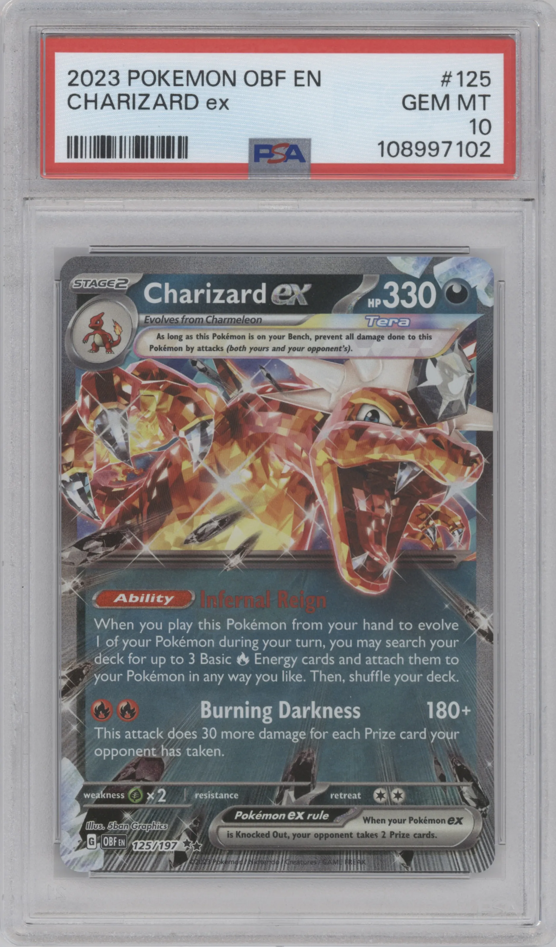 Charizard EX from the 2023 Pokemon SV set graded by PSA and given an overall grade of 10.