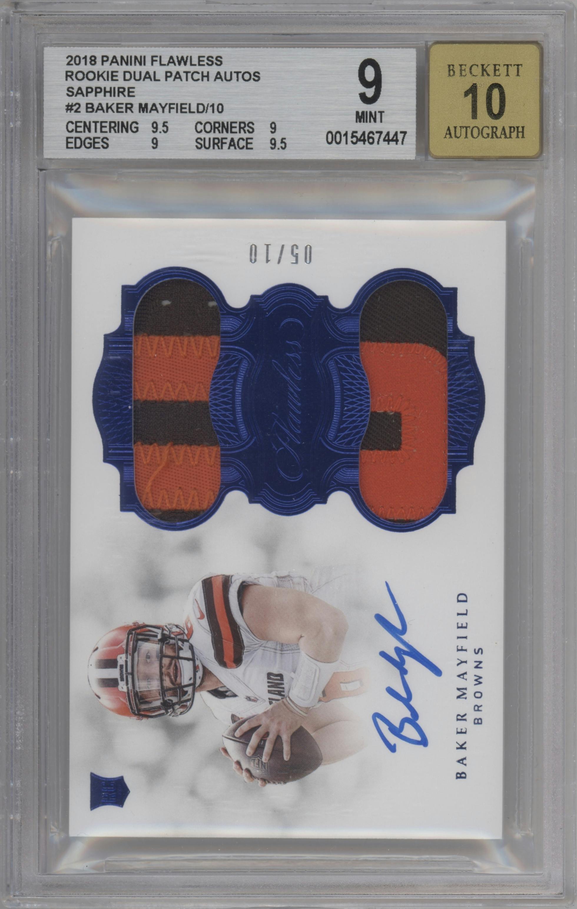 Baker Mayfield from the 2018 Panini Flawless set featuring a Sapphire parallel graded by Beckett and given an overall grade of 9.