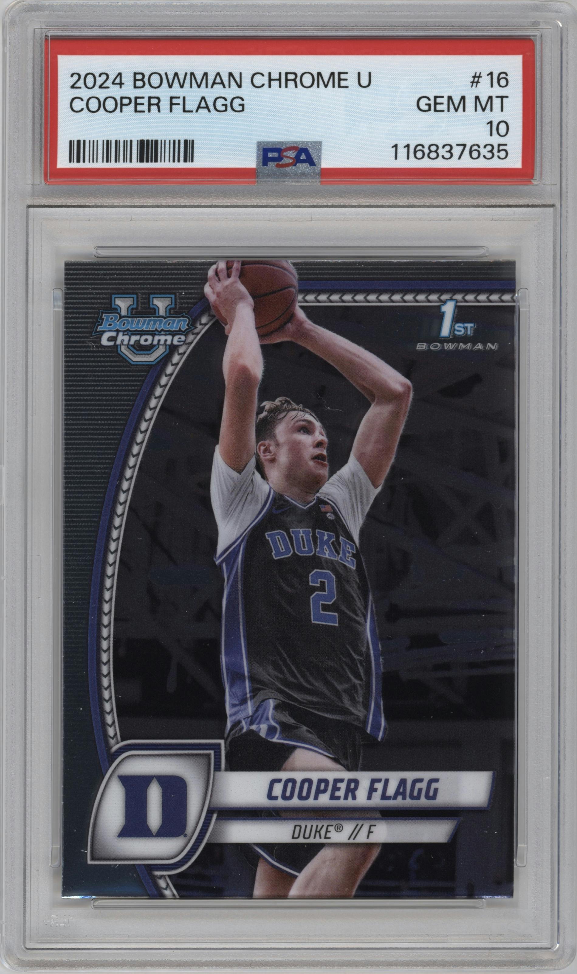 Cooper Flagg from the 2024-25 Bowman University Chrome set graded by PSA and given an overall grade of 10.