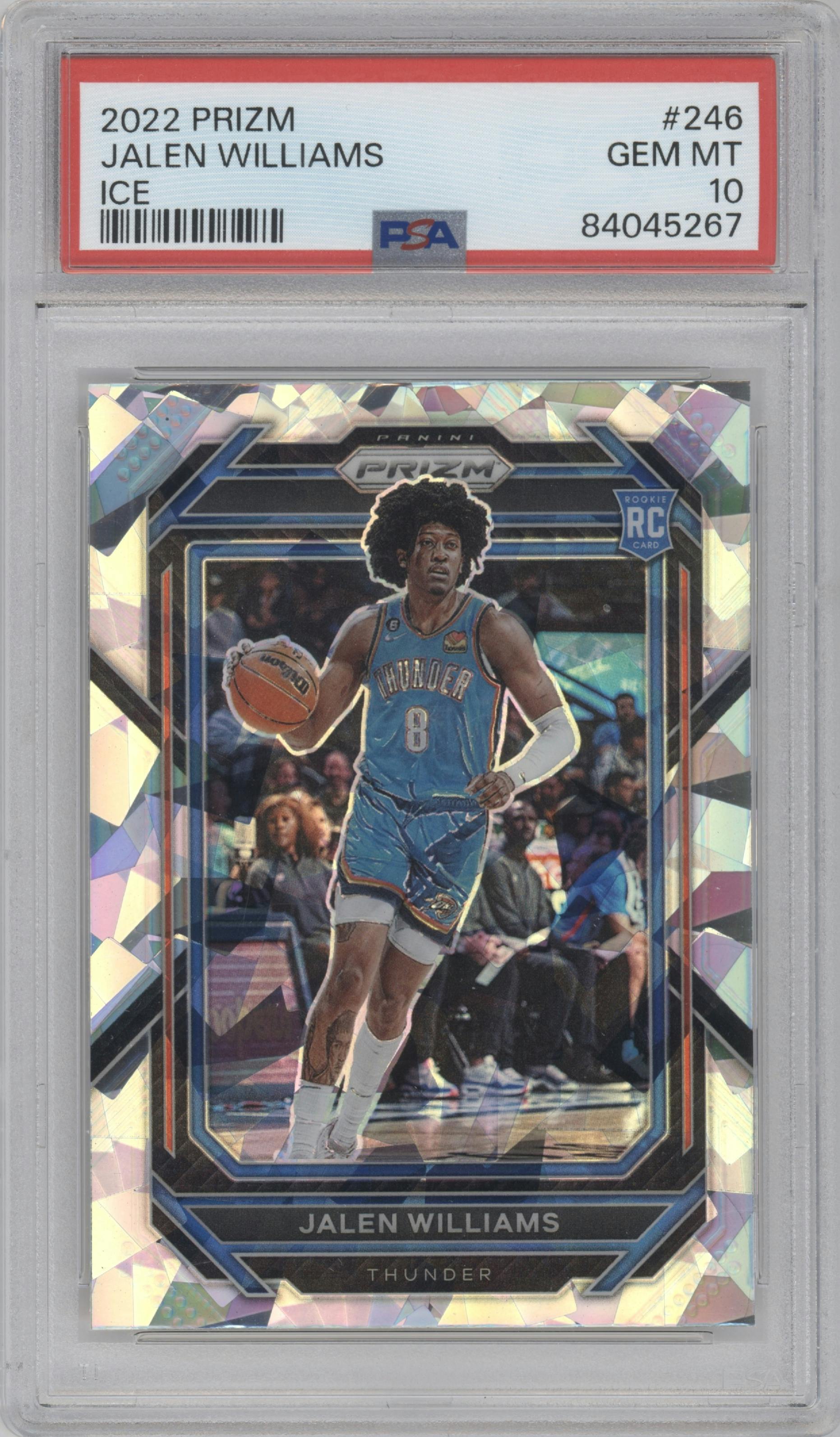 Jalen Williams from the 2022-23 Panini Prizm  set featuring a Ice Prizm parallel graded by PSA and given an overall grade of 10.