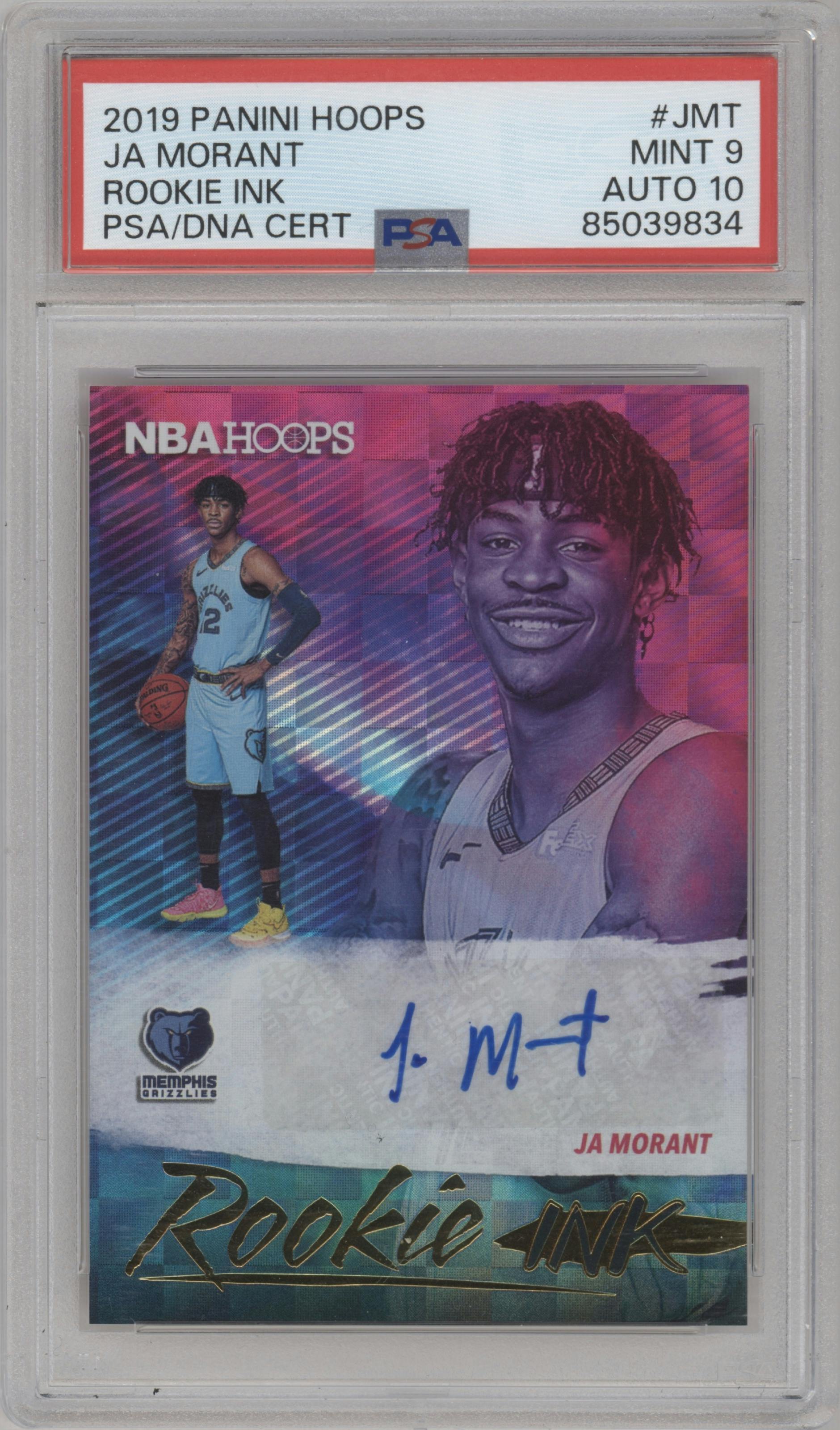 Ja Morant from the 2019-20 Panini NBA Hoops set graded by PSA and given an overall grade of 9.