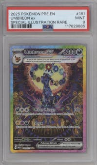 Umbreon ex from the 2025 Pokemon SV set graded by PSA and given an overall grade of 9.