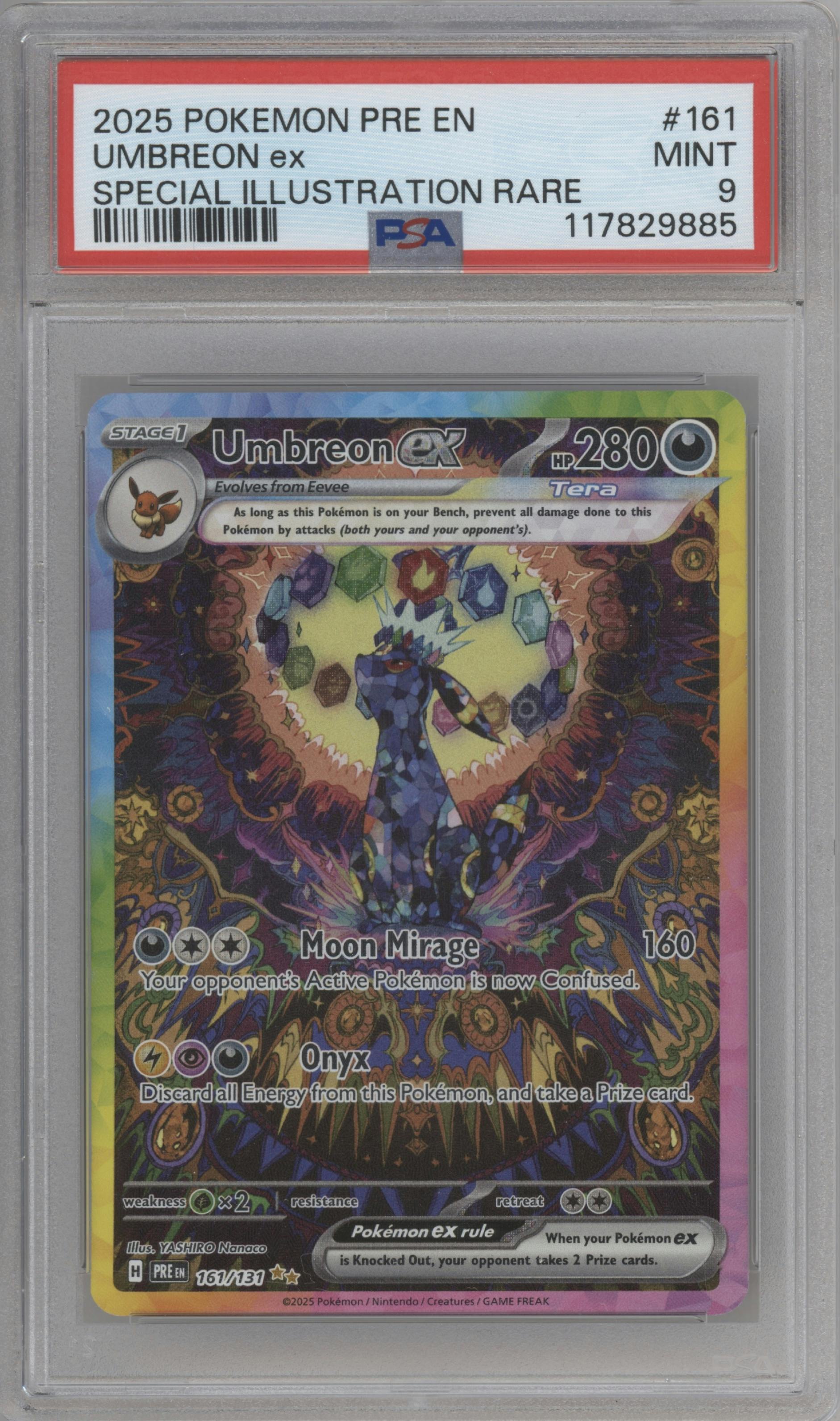 Umbreon ex from the 2025 Pokemon SV set graded by PSA and given an overall grade of 9.