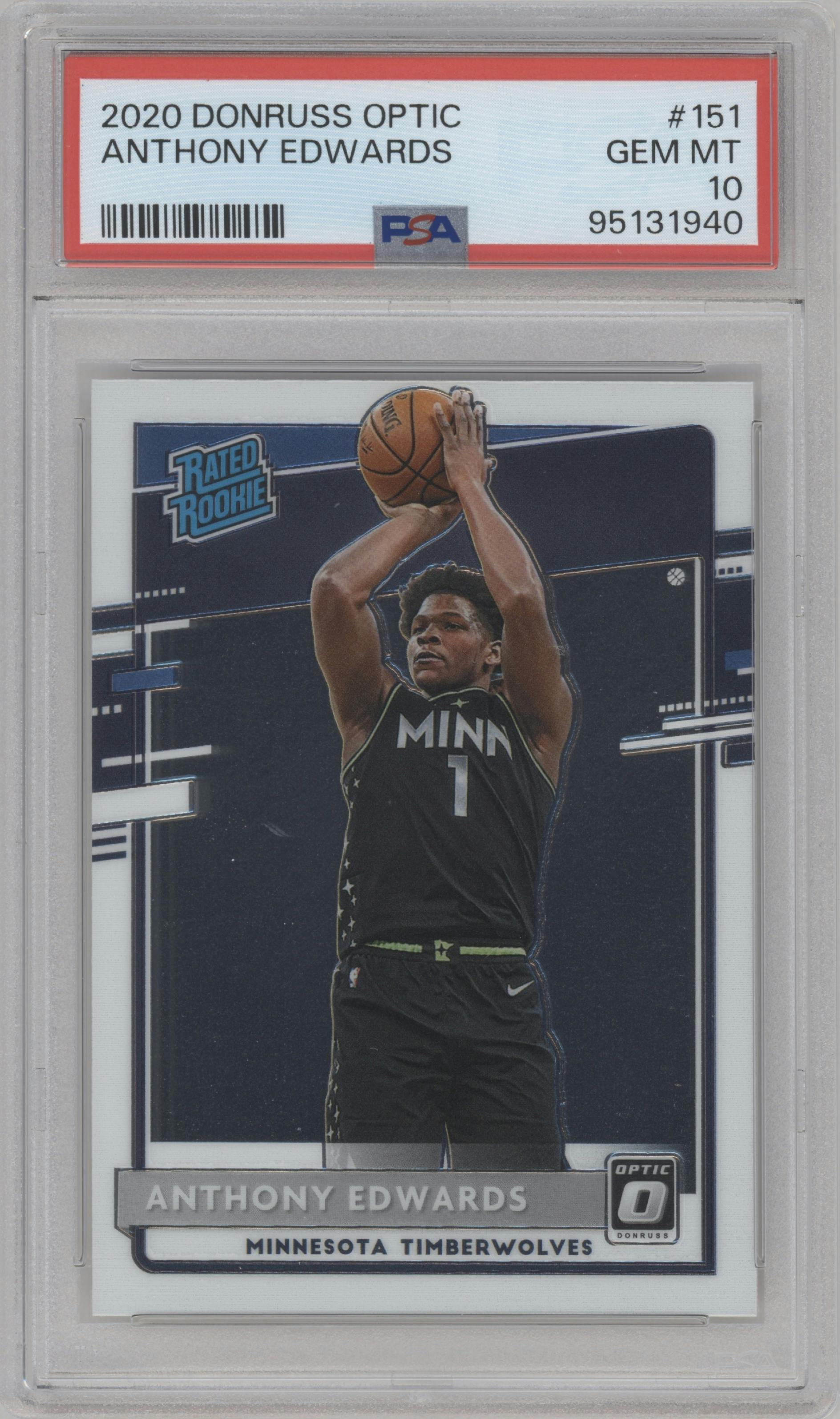 Anthony Edwards from the 2020-21 Panini Donruss Optic set graded by PSA and given an overall grade of 10.