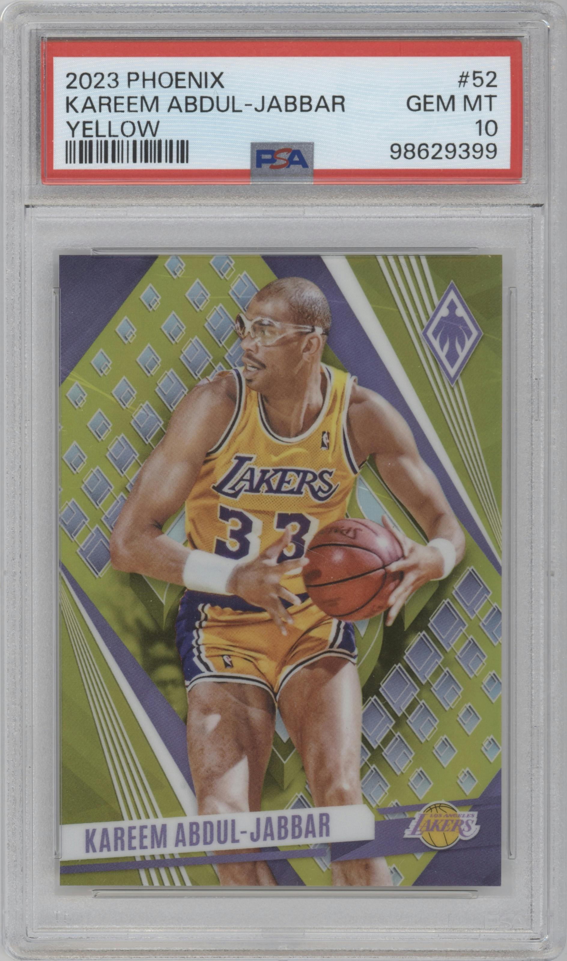 Kareem Abdul-Jabbar from the 2023-24 Panini Phoenix set featuring a Yellow parallel graded by PSA and given an overall grade of 10.
