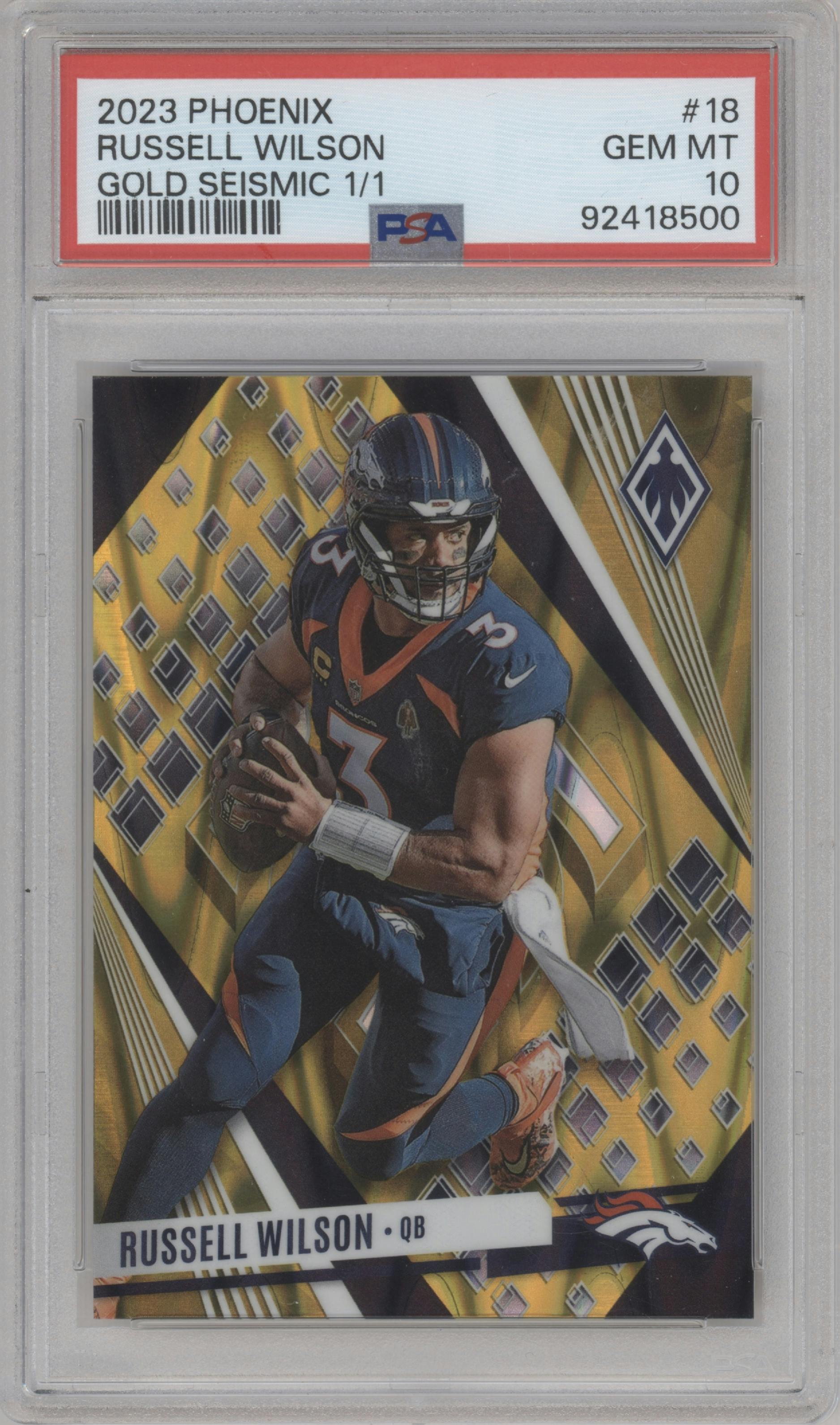 Russell Wilson  from the 2023 Panini Phoenix set featuring a Gold Seismic parallel graded by PSA and given an overall grade of 10.