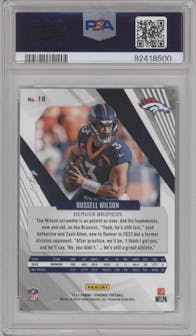 Russell Wilson  from the 2023 Panini Phoenix set featuring a Gold Seismic parallel graded by PSA and given an overall grade of 10.