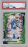 Ladd McConkey from the 2024 Panini Prizm set featuring a Neon Green Pulsar  parallel graded by PSA and given an overall grade of 9.