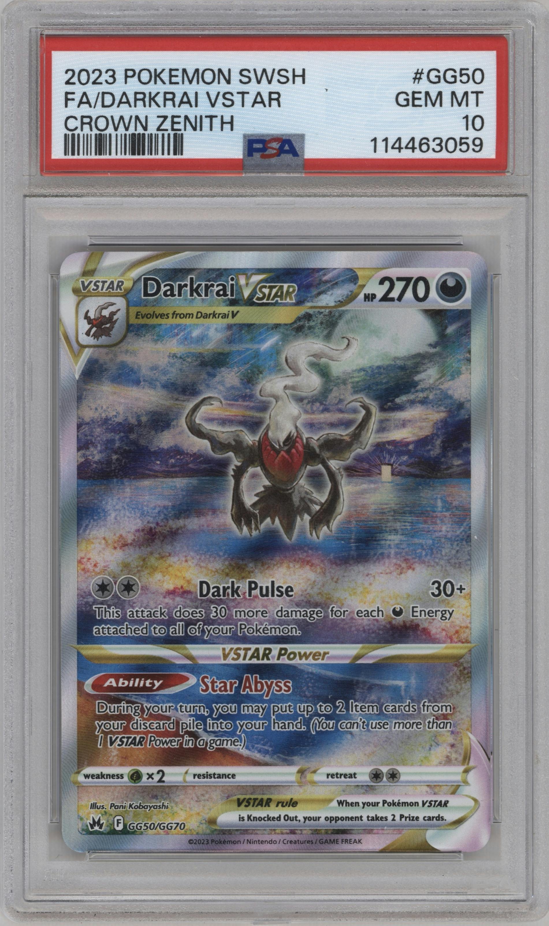 Darkrai VSTAR from the 2023 Pokemon SWSH set graded by PSA and given an overall grade of 10.