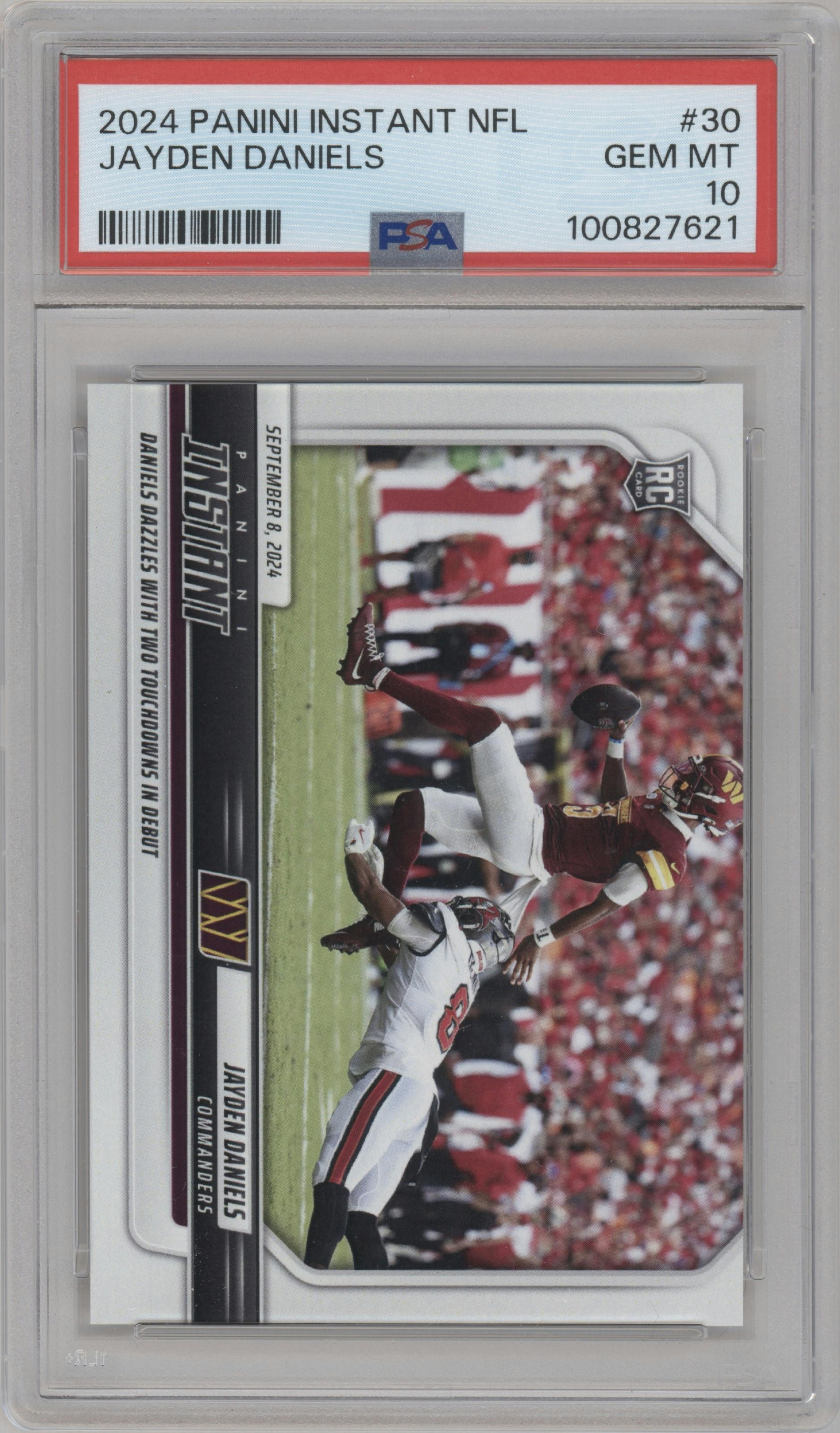Jayden Daniels from the 2024 Panini Instant NFL set graded by PSA and given an overall grade of 10.