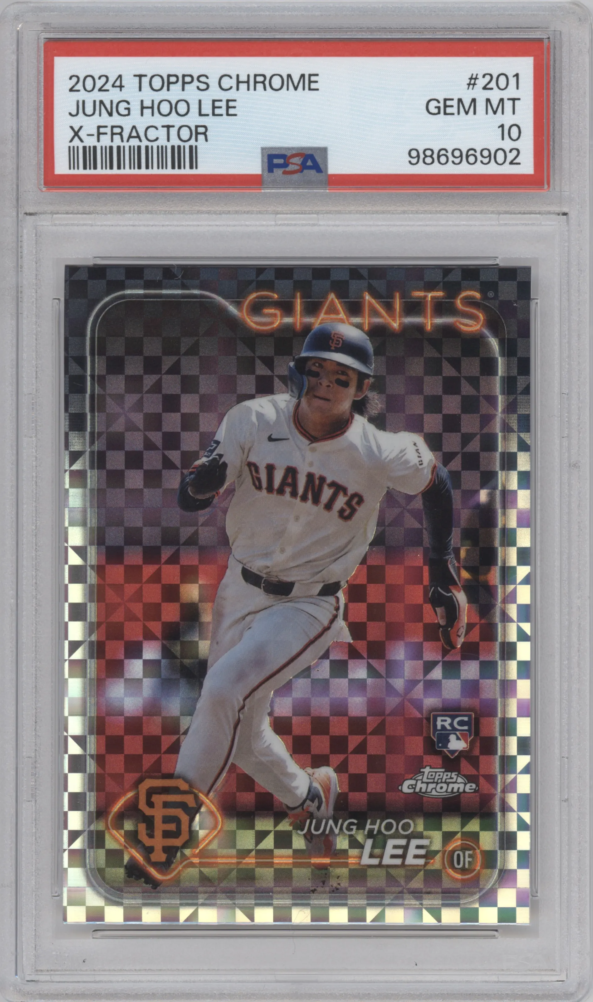 Jung Hoo Lee from the 2024 Topps Chrome set featuring a X-Fractor parallel graded by PSA and given an overall grade of 10.