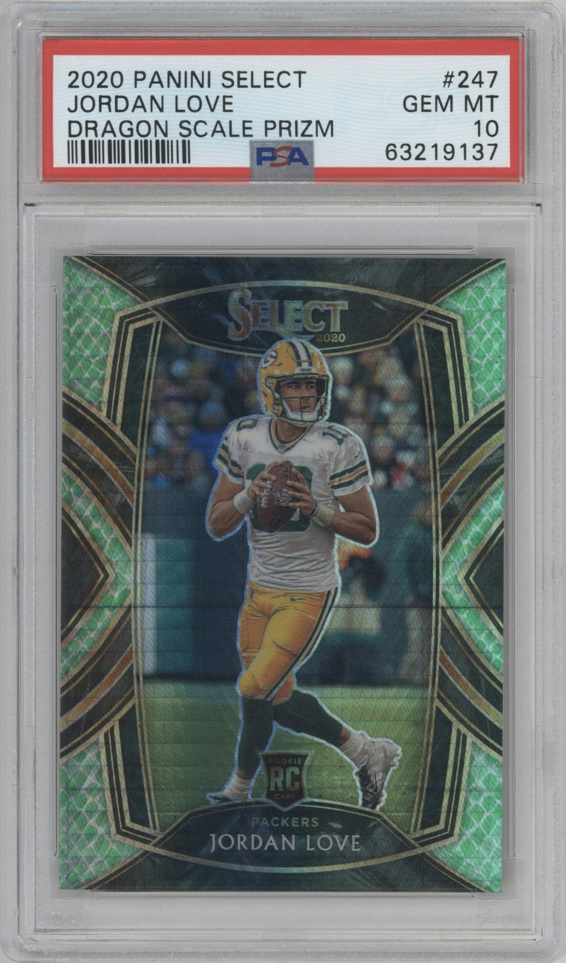 Jordan Love from the 2020 Panini Select set featuring a Dragon Scale Prizm parallel graded by PSA and given an overall grade of 10.