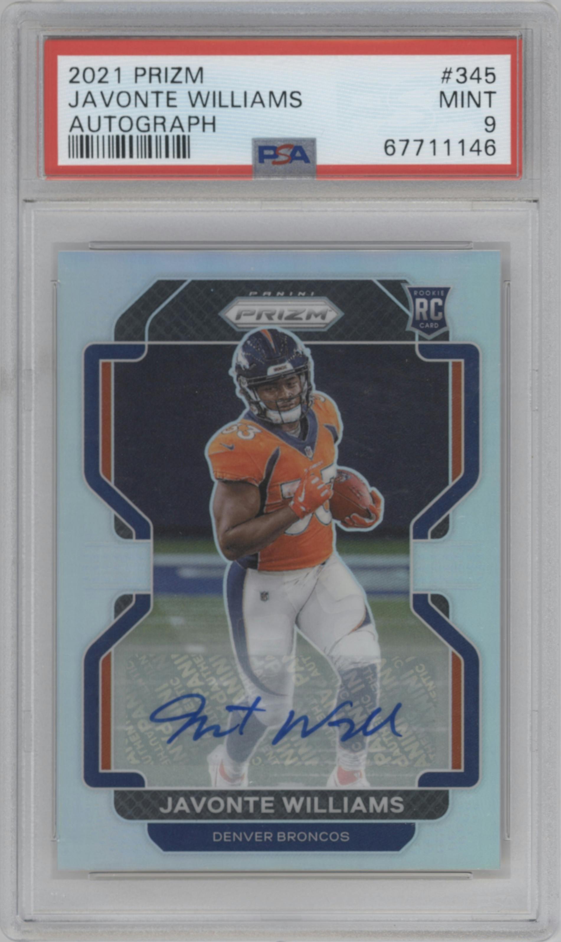 Javonte Williams from the 2021 Panini Prizm set graded by PSA and given an overall grade of 9.