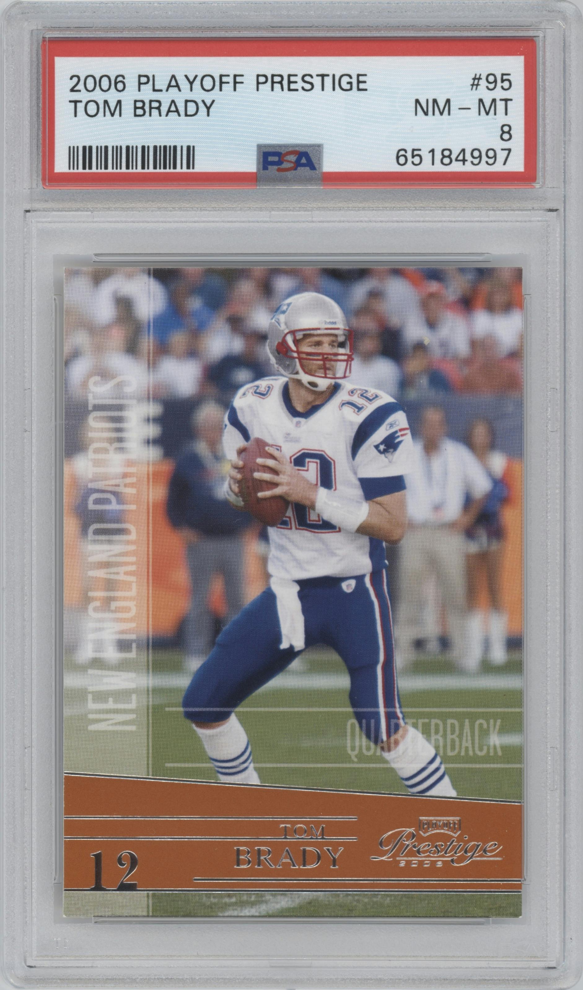 Tom Brady  from the 2006 Playoff Prestige set graded by PSA and given an overall grade of 8.