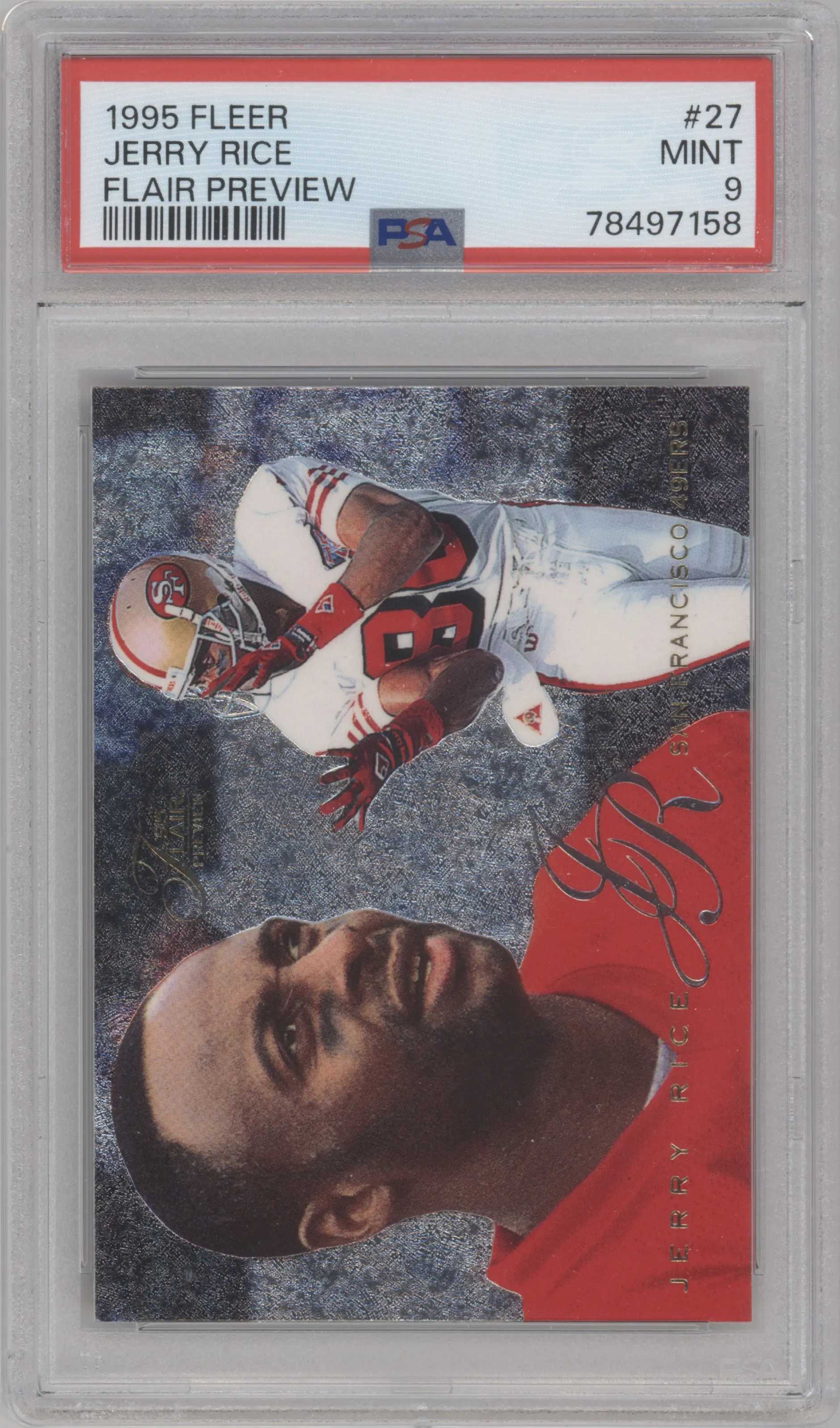 Jerry Rice from the 1995 Fleer set graded by PSA and given an overall grade of 9.