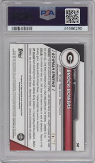 Brock Bowers from the 2023 Bowman Chrome University set featuring a Yellow Refractor parallel graded by PSA and given an overall grade of 10.