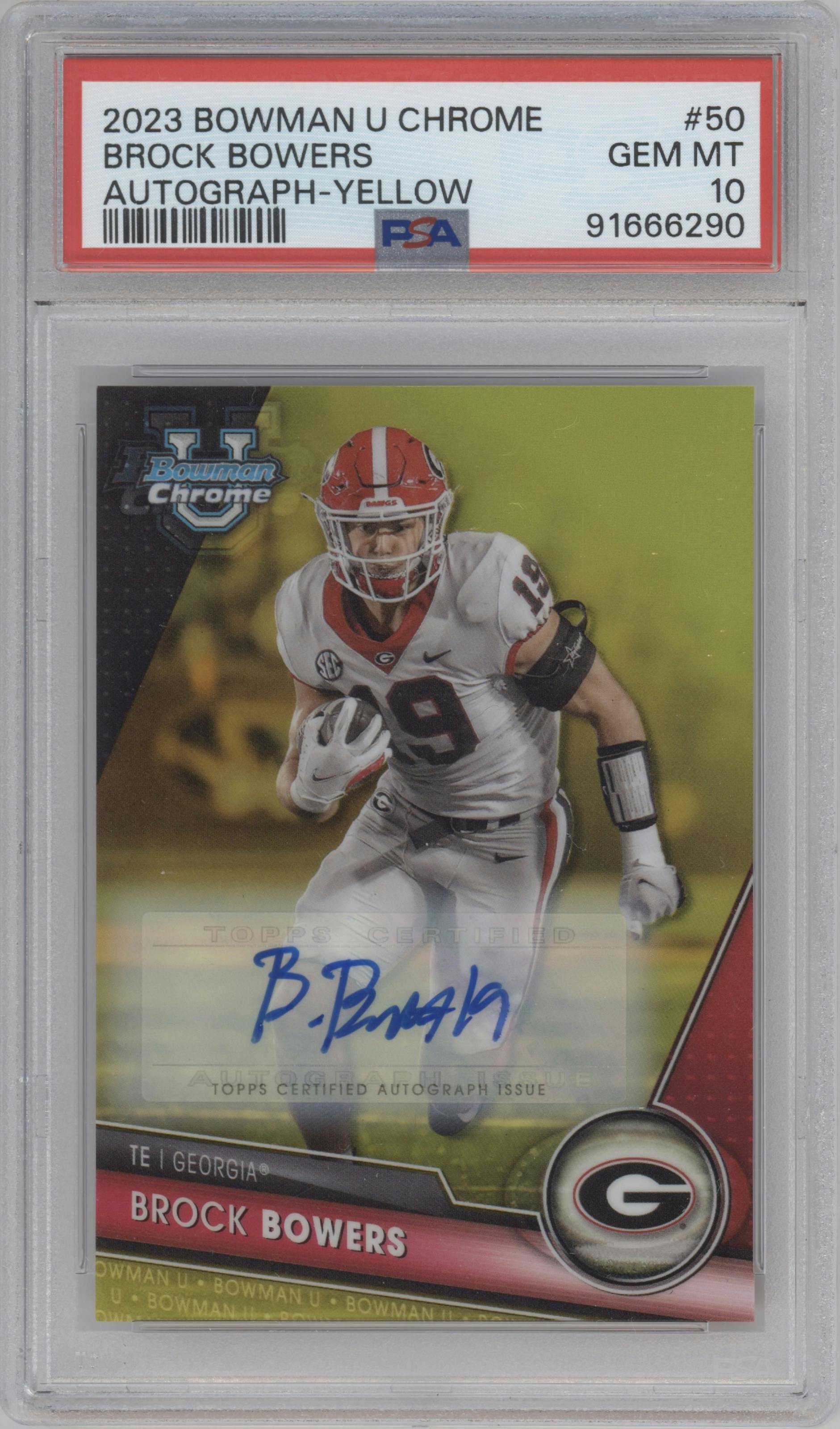 Brock Bowers from the 2023 Bowman Chrome University set featuring a Yellow Refractor parallel graded by PSA and given an overall grade of 10.