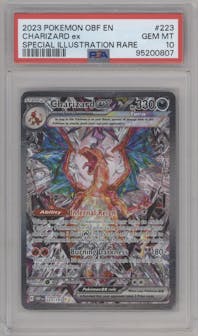 Charizard ex from the 2023 Pokemon SV set graded by PSA and given an overall grade of 10.