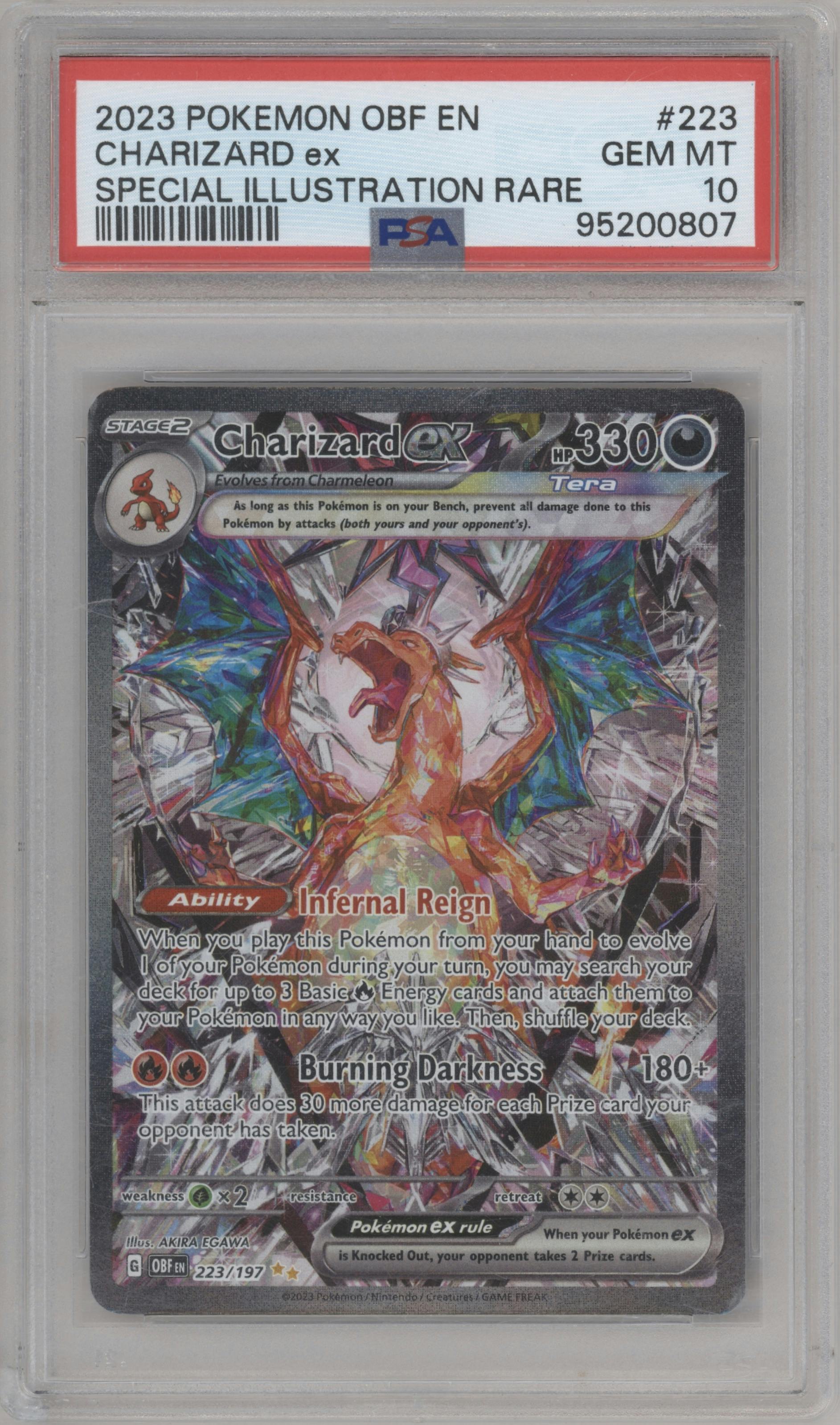 Charizard ex from the 2023 Pokemon SV set graded by PSA and given an overall grade of 10.