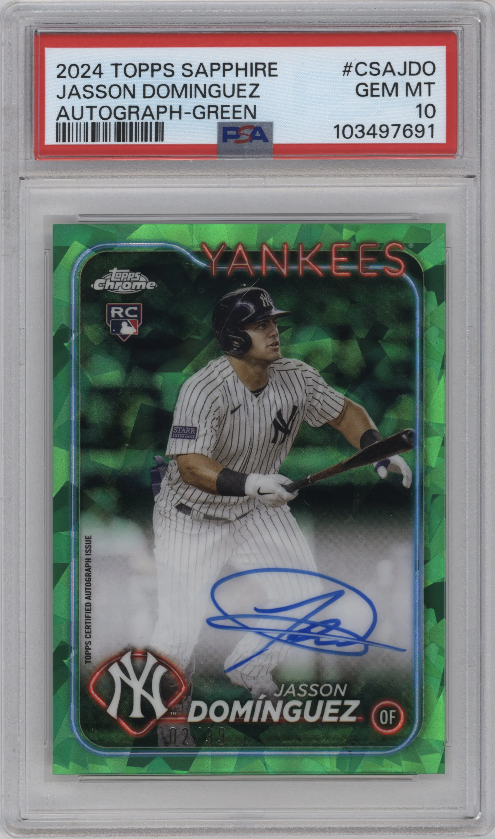 2024 Topps Chrome Sapphire Auto Jasson Dominguez Green #CSA-JDO PSA 10