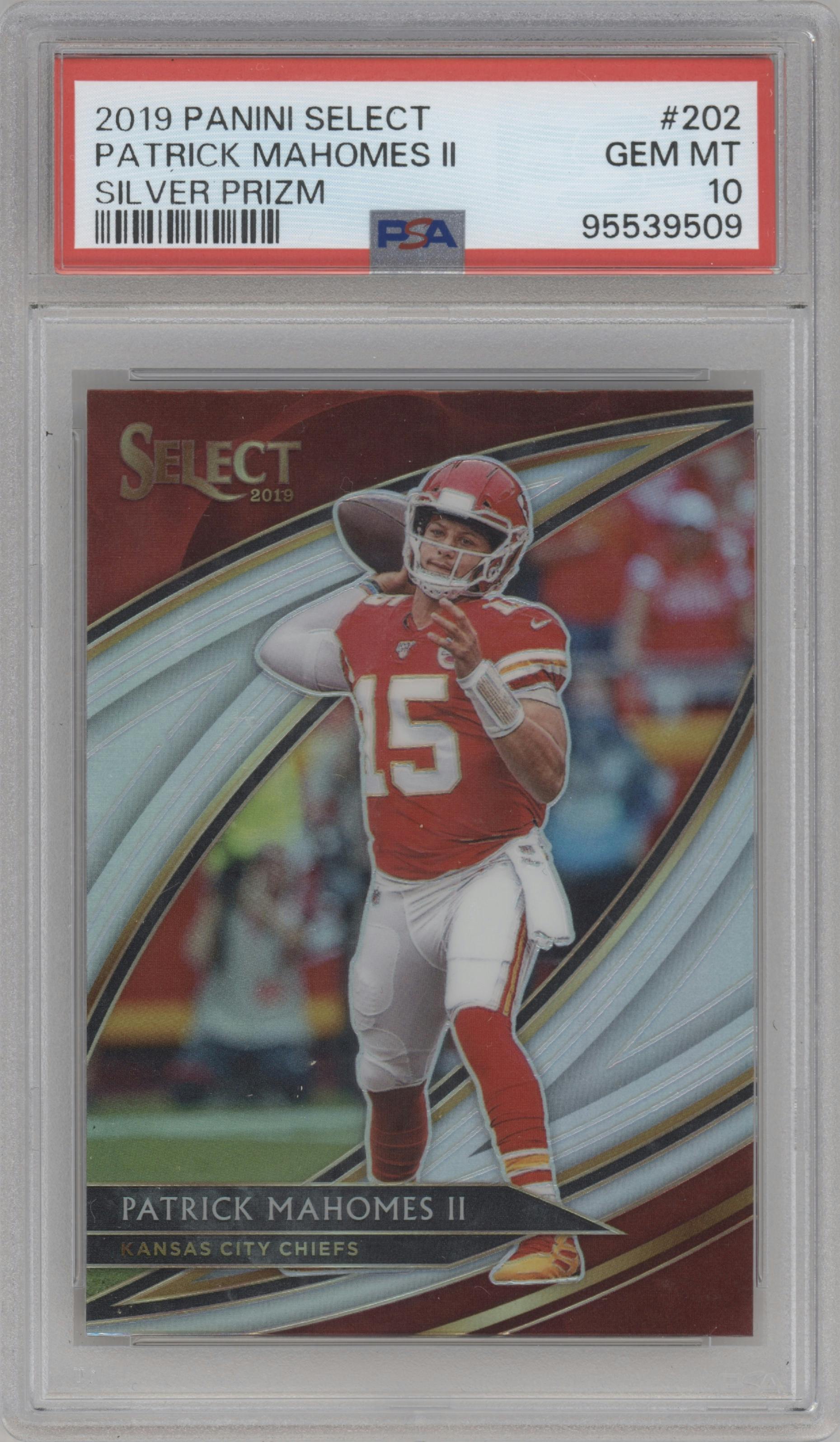 Patrick Mahomes II from the 2019 Panini Select  set featuring a Silver Prizm  parallel graded by PSA and given an overall grade of 10.