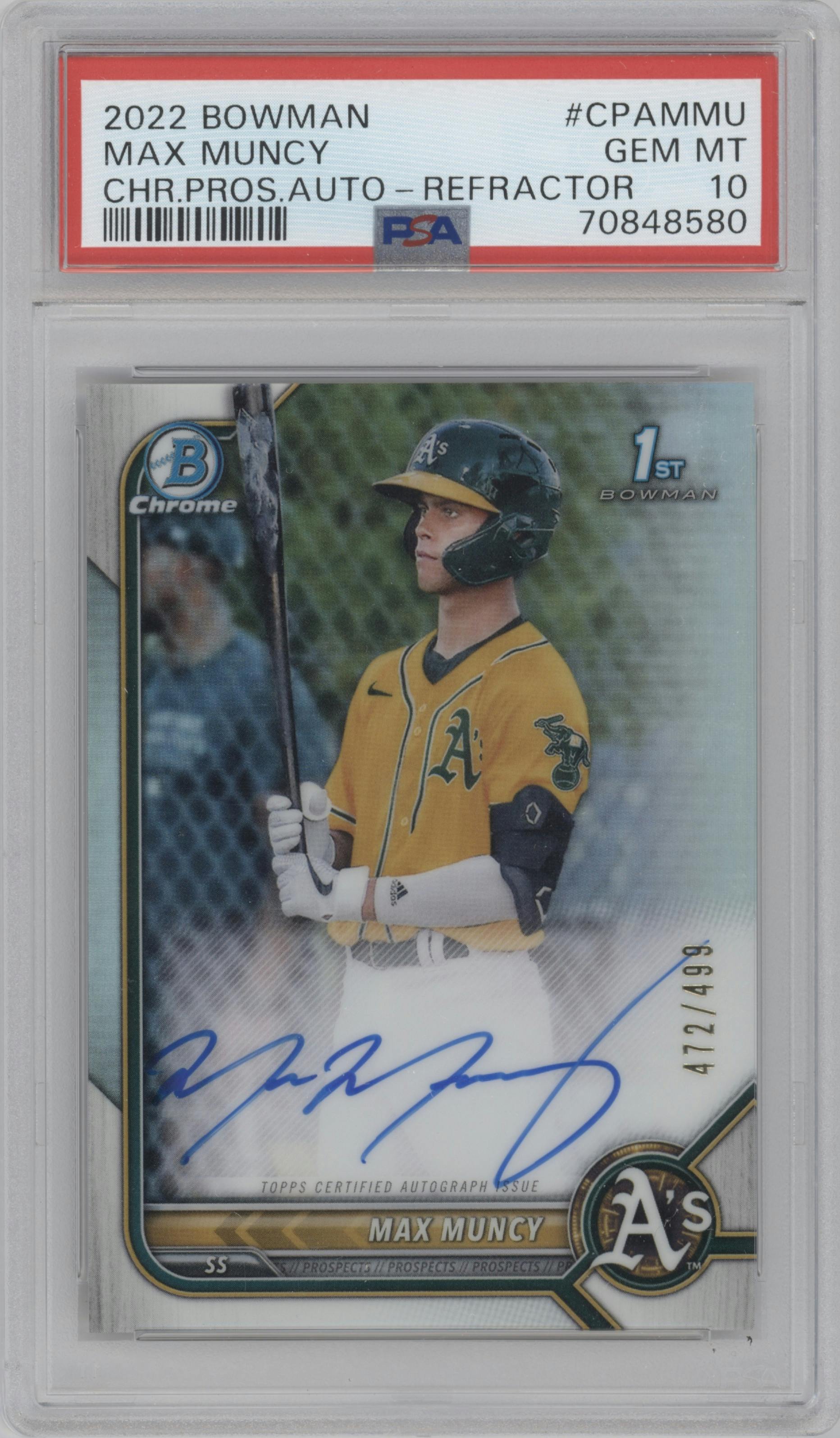Max Muncy from the 2022 Bowman set featuring a Refractor  parallel graded by PSA and given an overall grade of 10.