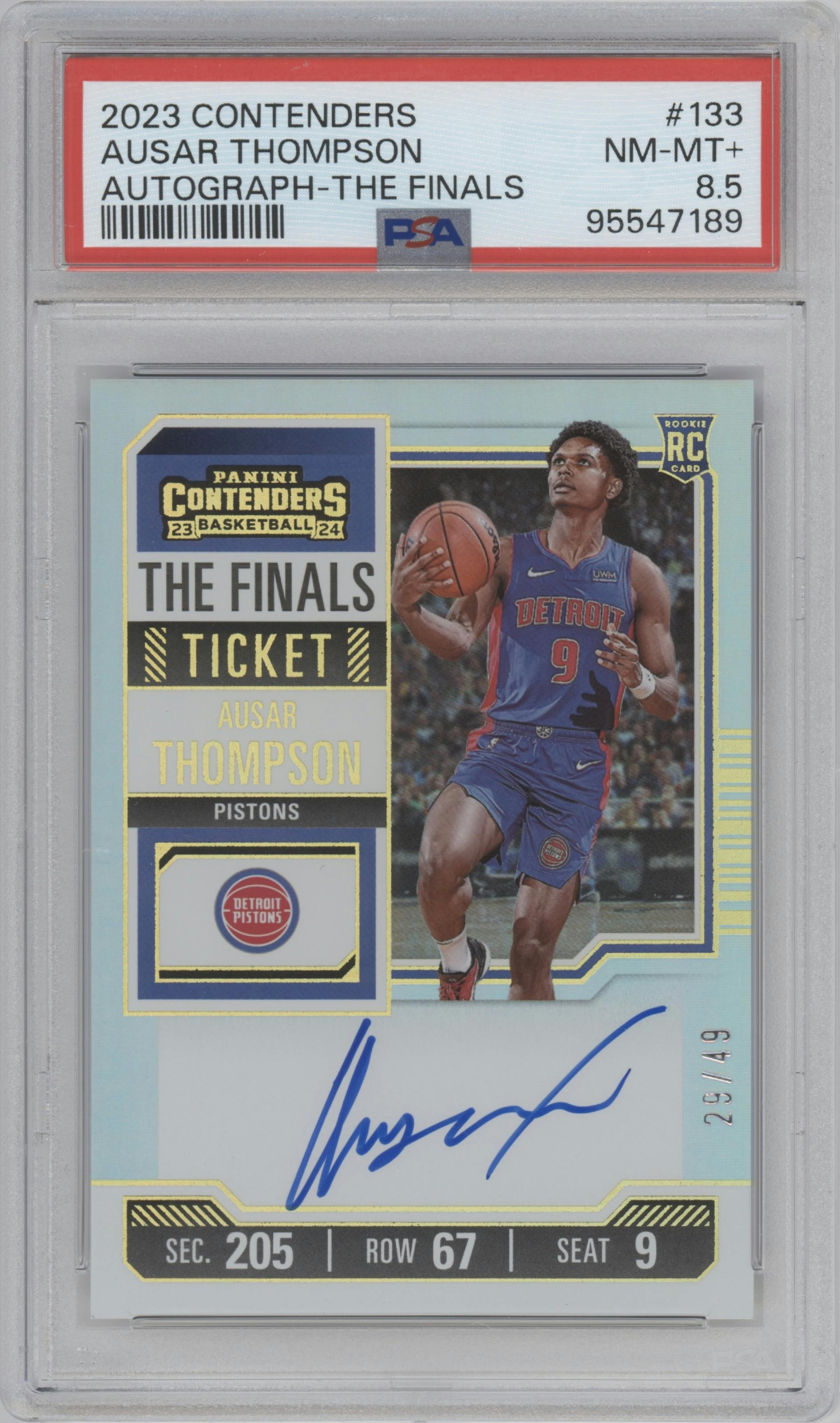 Ausar Thompson from the 2023-24 Panini Contenders set featuring a The Finals Ticket parallel graded by PSA and given an overall grade of 8.5.