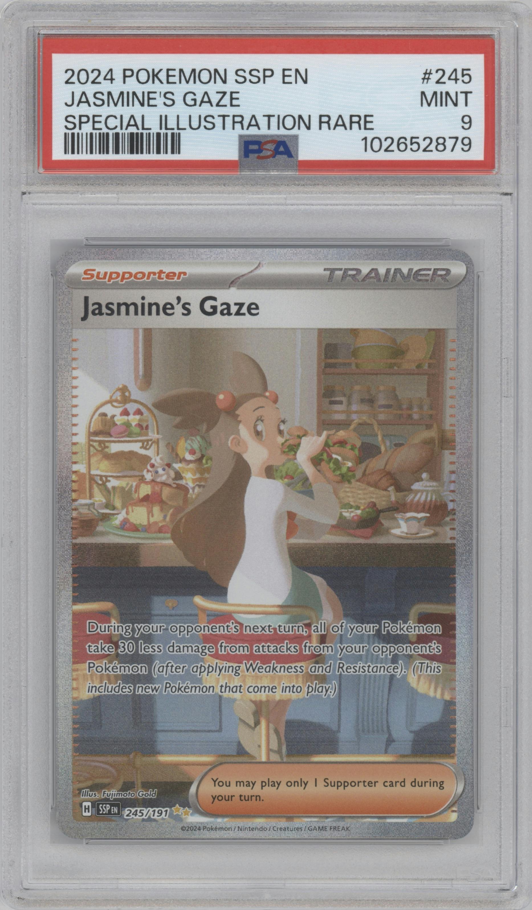 Jasmine's Gaze from the 2024 Pokemon SV set graded by PSA and given an overall grade of 9.