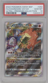 Charizard VSTAR from the 2022 Pokemon SWSH set featuring a Ultra Premium Collection parallel graded by PSA and given an overall grade of 10.