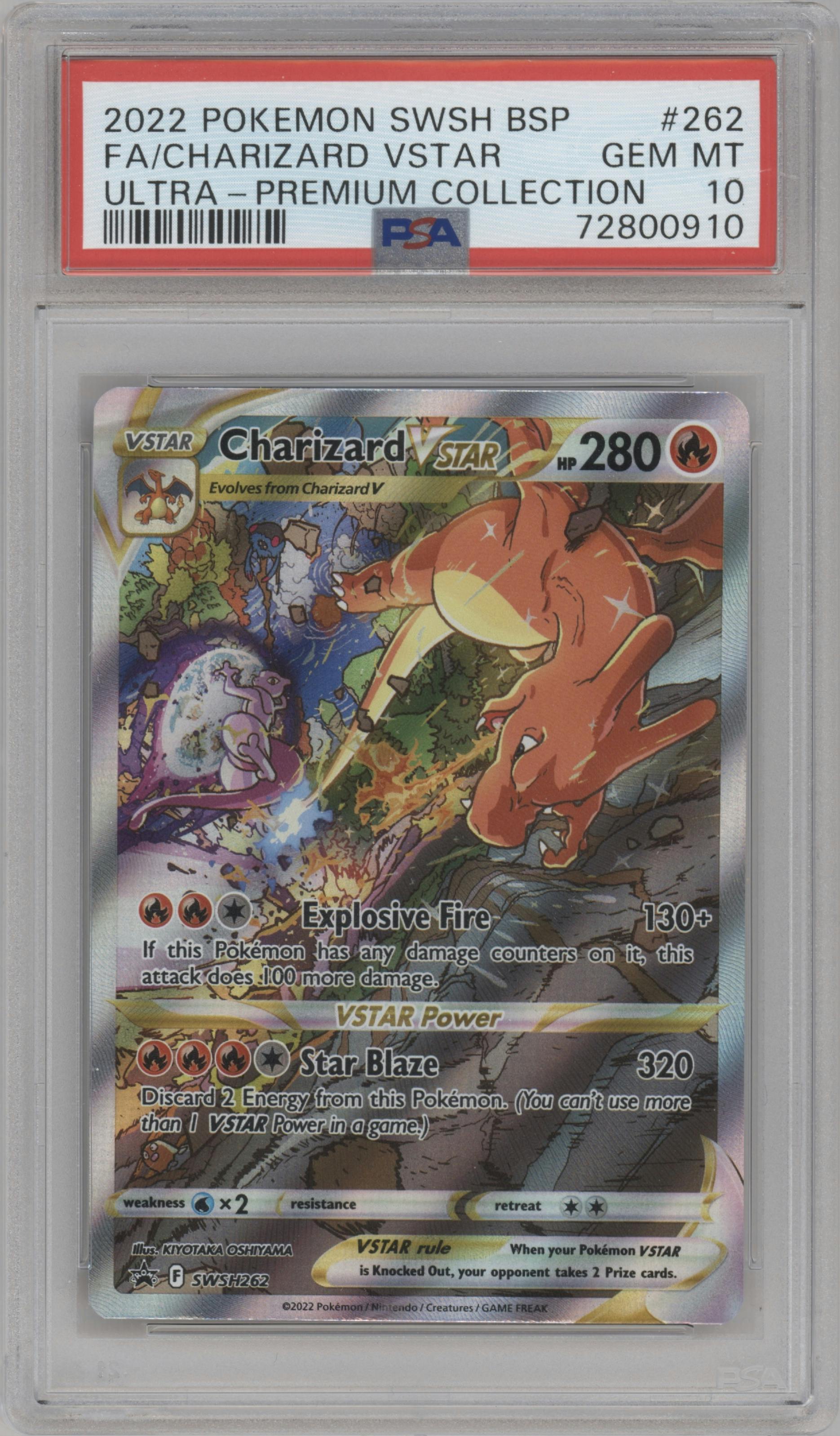 Charizard VSTAR from the 2022 Pokemon SWSH set featuring a Ultra Premium Collection parallel graded by PSA and given an overall grade of 10.