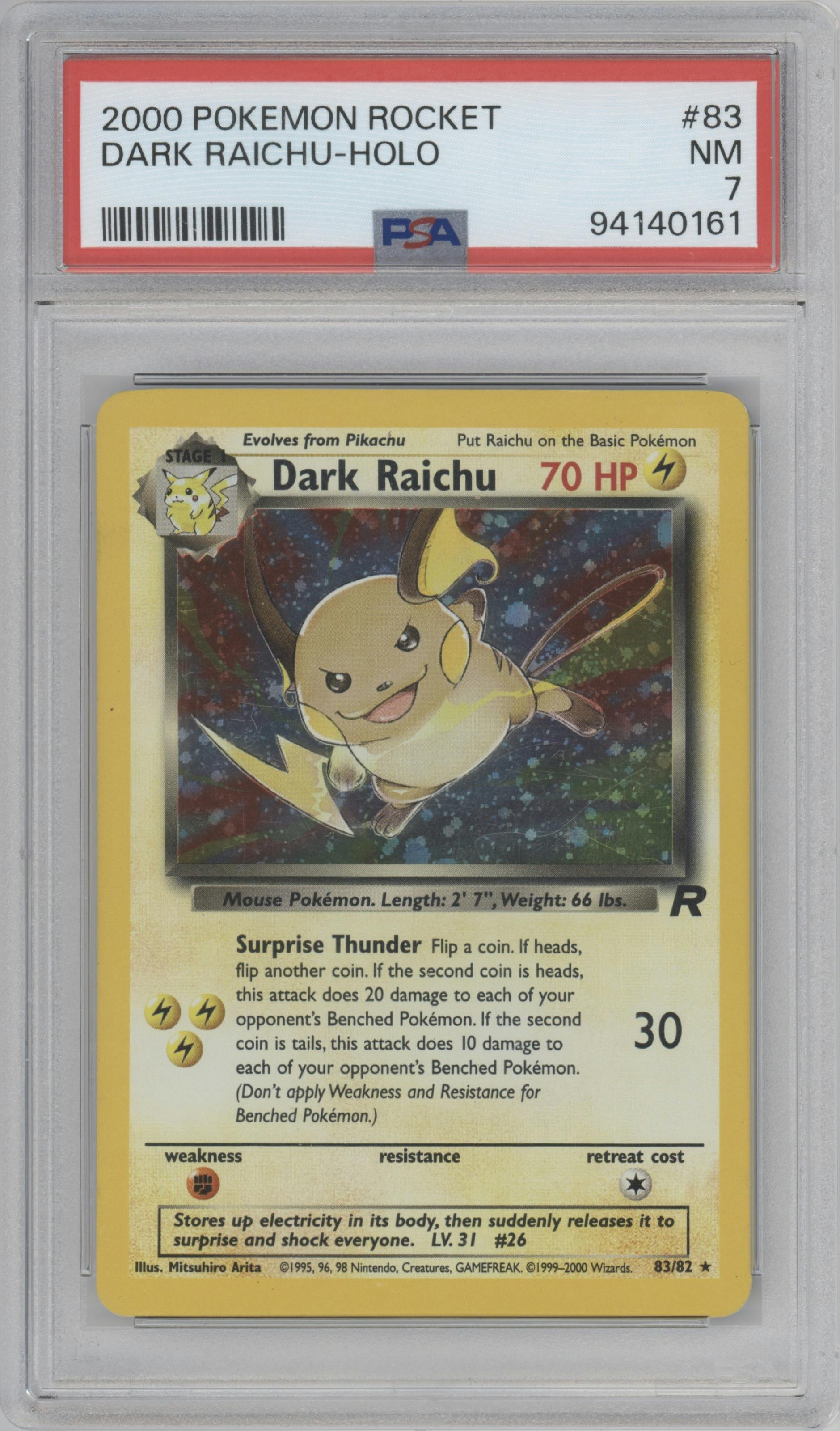 Dark Raichu from the 2000 Pokemon set graded by PSA and given an overall grade of 7.