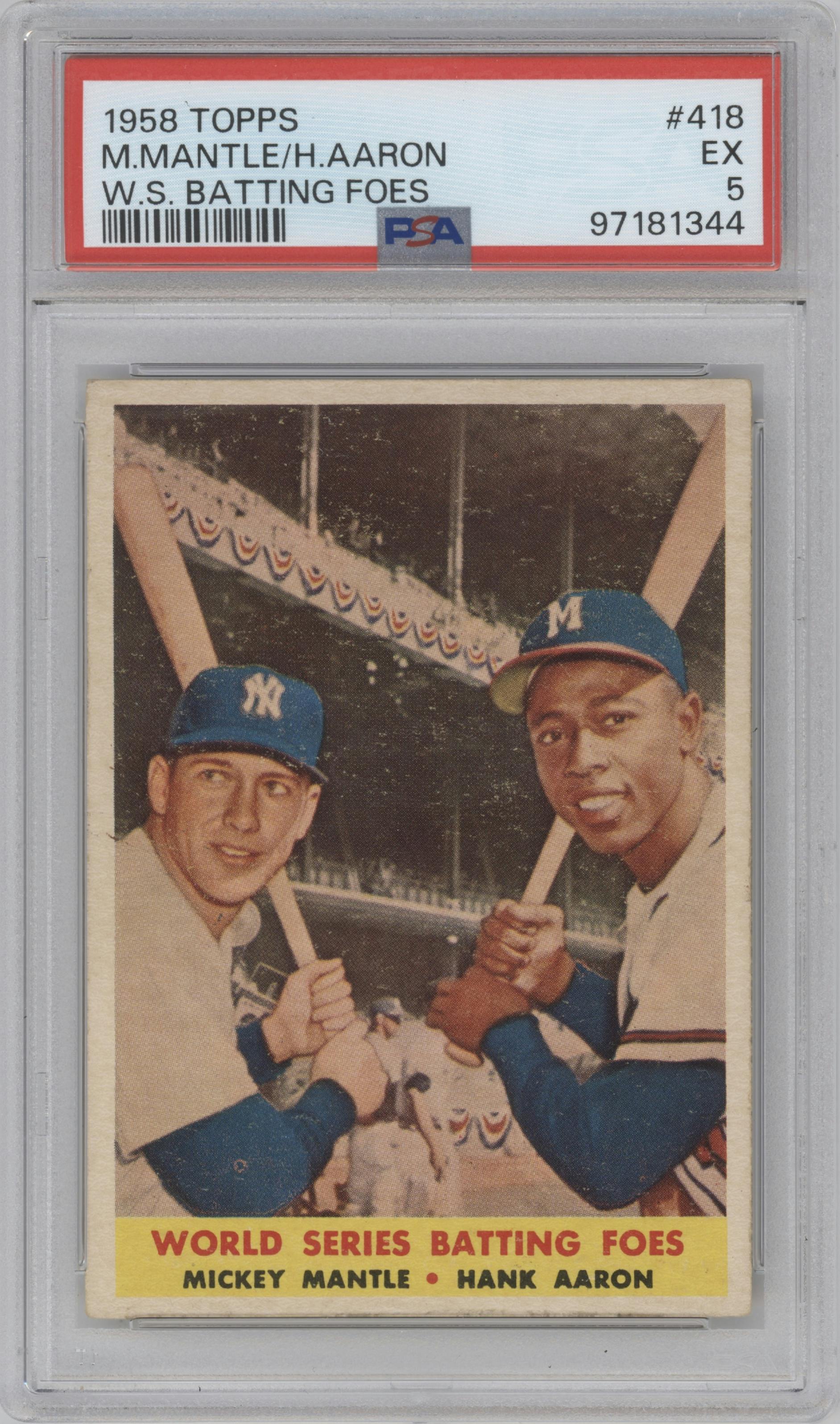 Mickey Mantle/Hank Aaron from the 1958 Topps set graded by PSA and given an overall grade of 5.