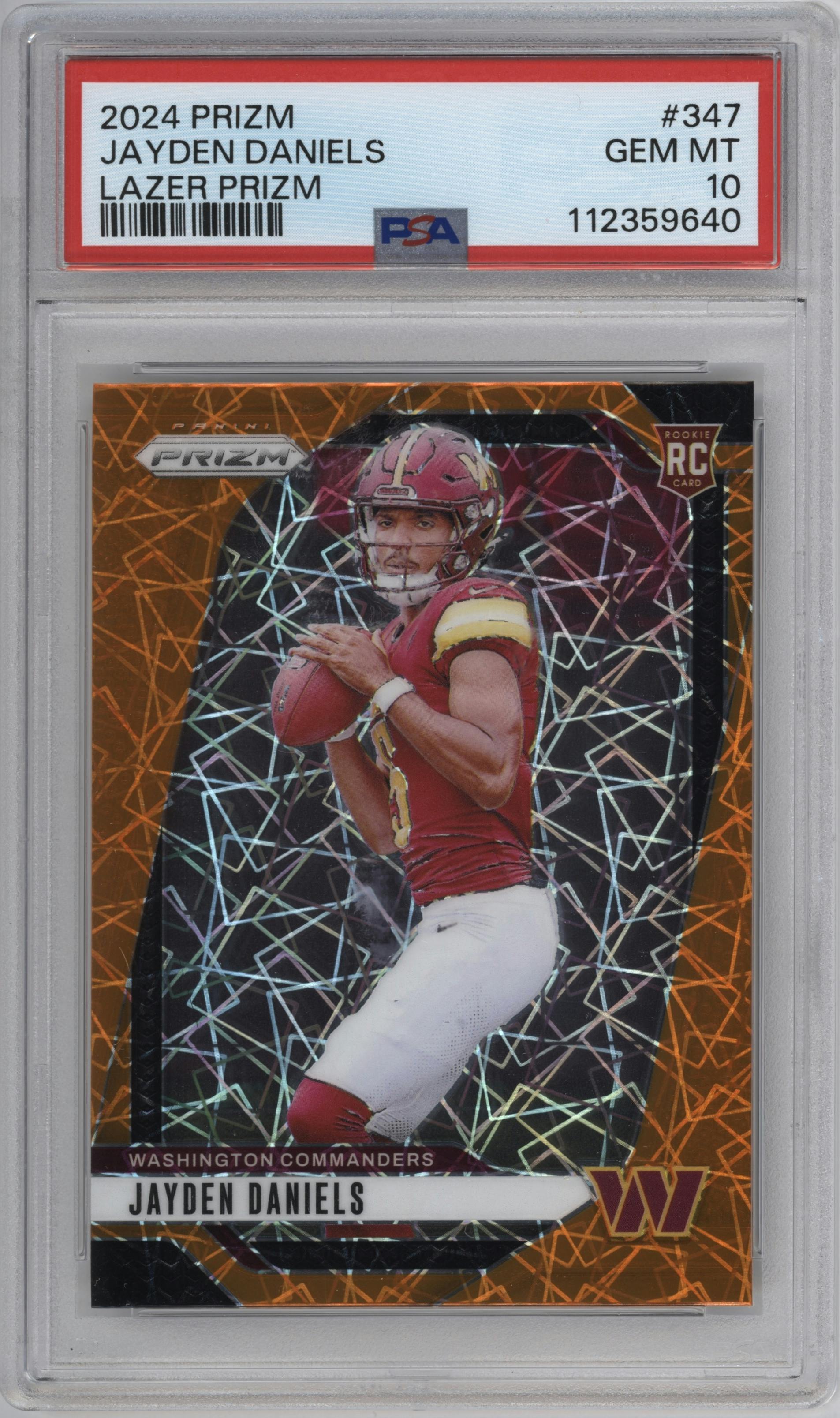 Jayden Daniels from the 2024 Panini Prizm set featuring a Lazer Prizm parallel graded by PSA and given an overall grade of 10.