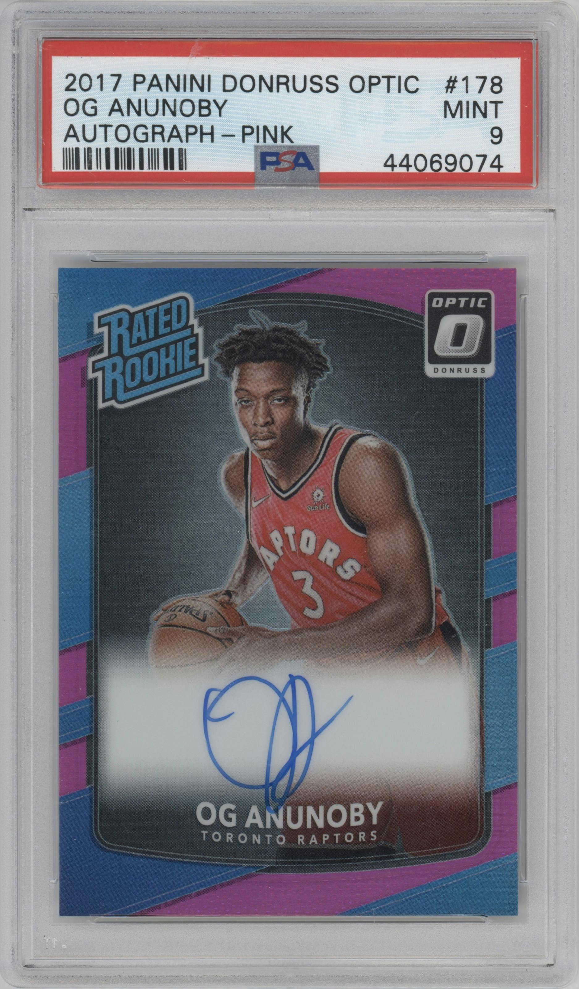 OG Anunoby from the 2017-18 Panini Donruss Optic set featuring a Pink parallel graded by PSA and given an overall grade of 9.