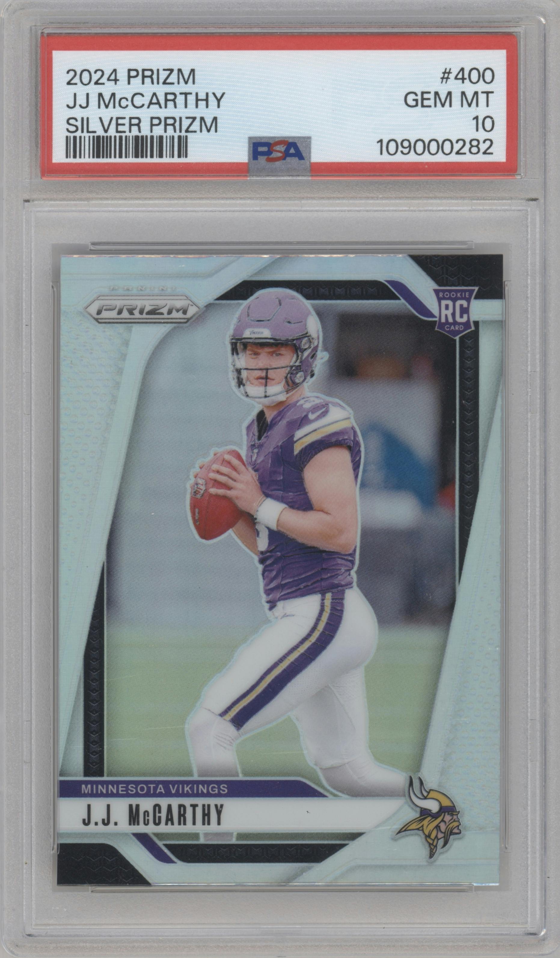 J.J. McCarthy from the 2024 Panini Prizm set featuring a Silver Prizm parallel graded by PSA and given an overall grade of 10.