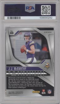 J.J. McCarthy from the 2024 Panini Prizm set featuring a Silver Prizm parallel graded by PSA and given an overall grade of 10.