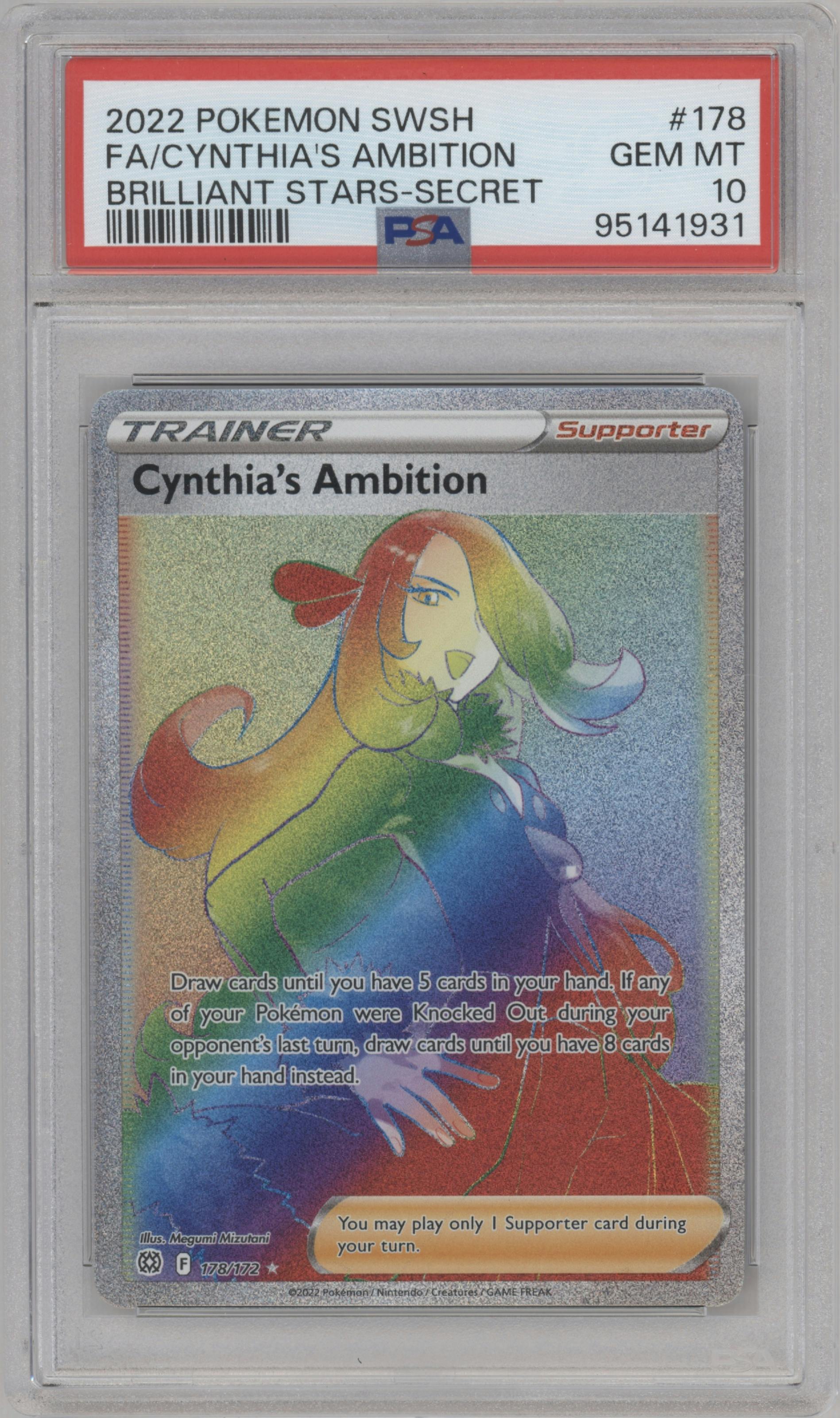 Cynthia's Ambition from the 2022 Pokemon SWSH set graded by PSA and given an overall grade of 10.