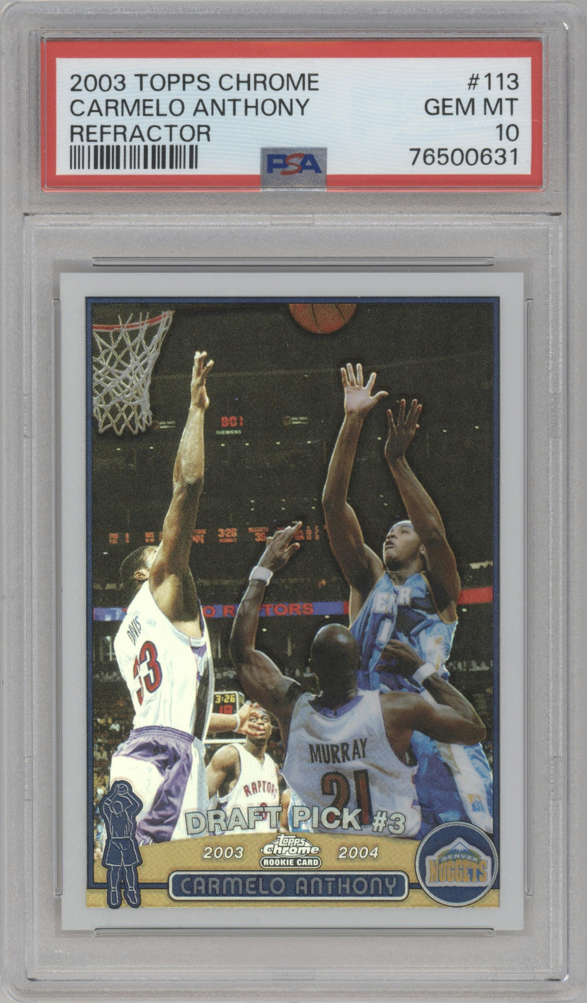 Carmelo Anthony from the 2003-04 Topps Chrome set featuring a Refractor parallel graded by PSA and given an overall grade of 10.